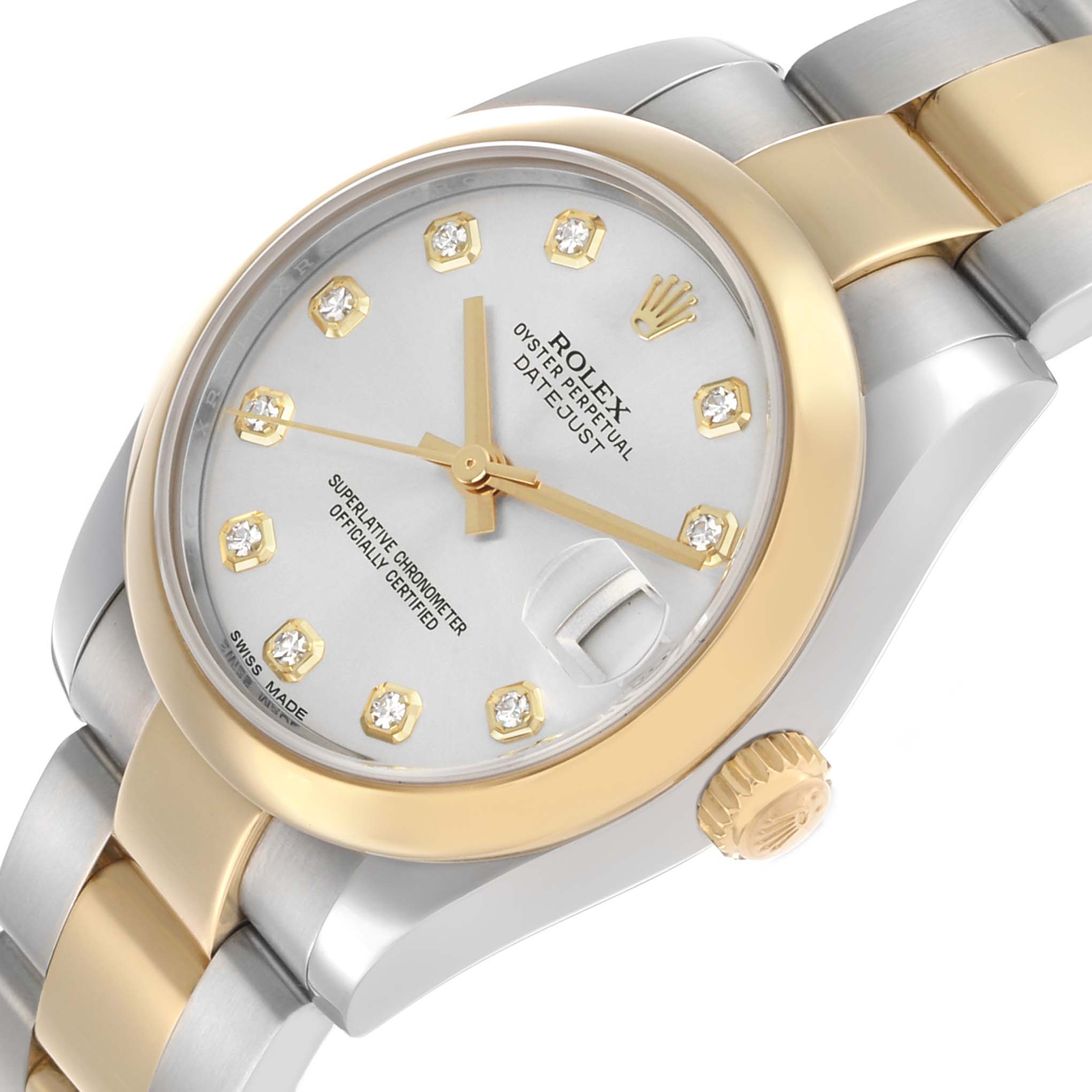 The Rolex Mid-Size 178243 Women's Steel and Gold (two tone) Silver Dial Datejust is shown from a front angle, highlighting the dial, bezel, and part of the bracelet.