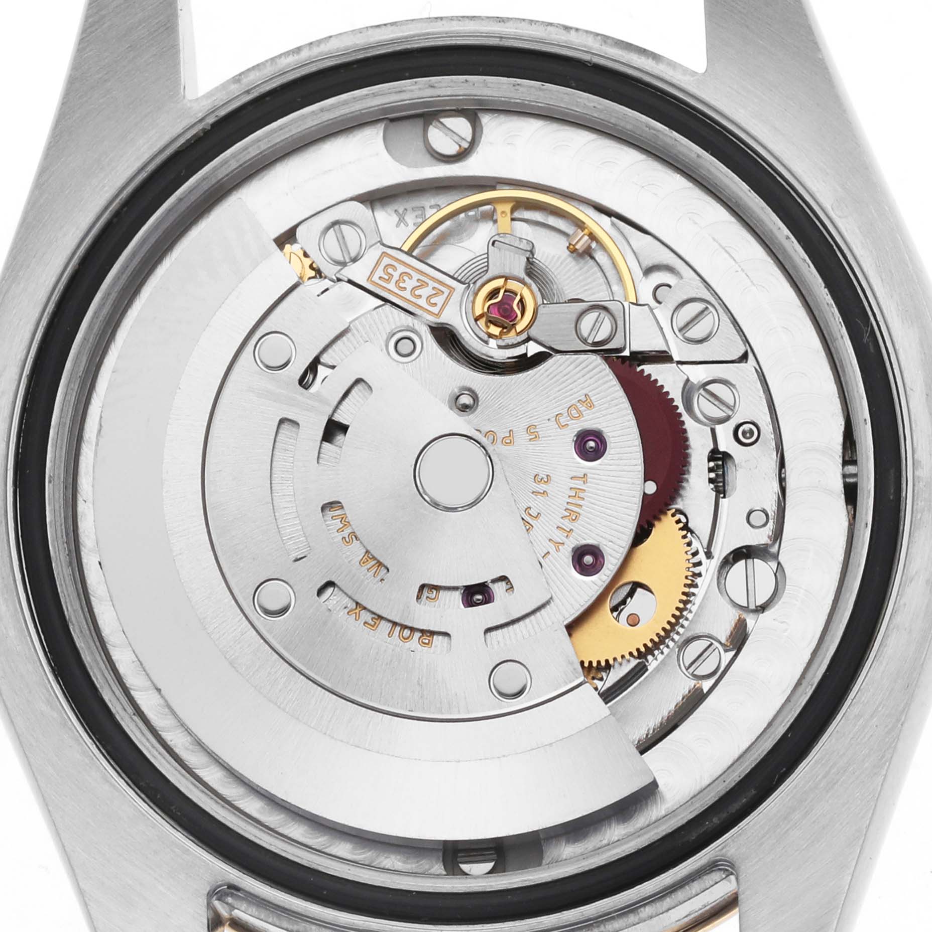 The image shows the back case of a Rolex Mid-Size 178243 Women's Steel and Gold (two tone) Silver Dial watch displaying its movement and mechanism components.