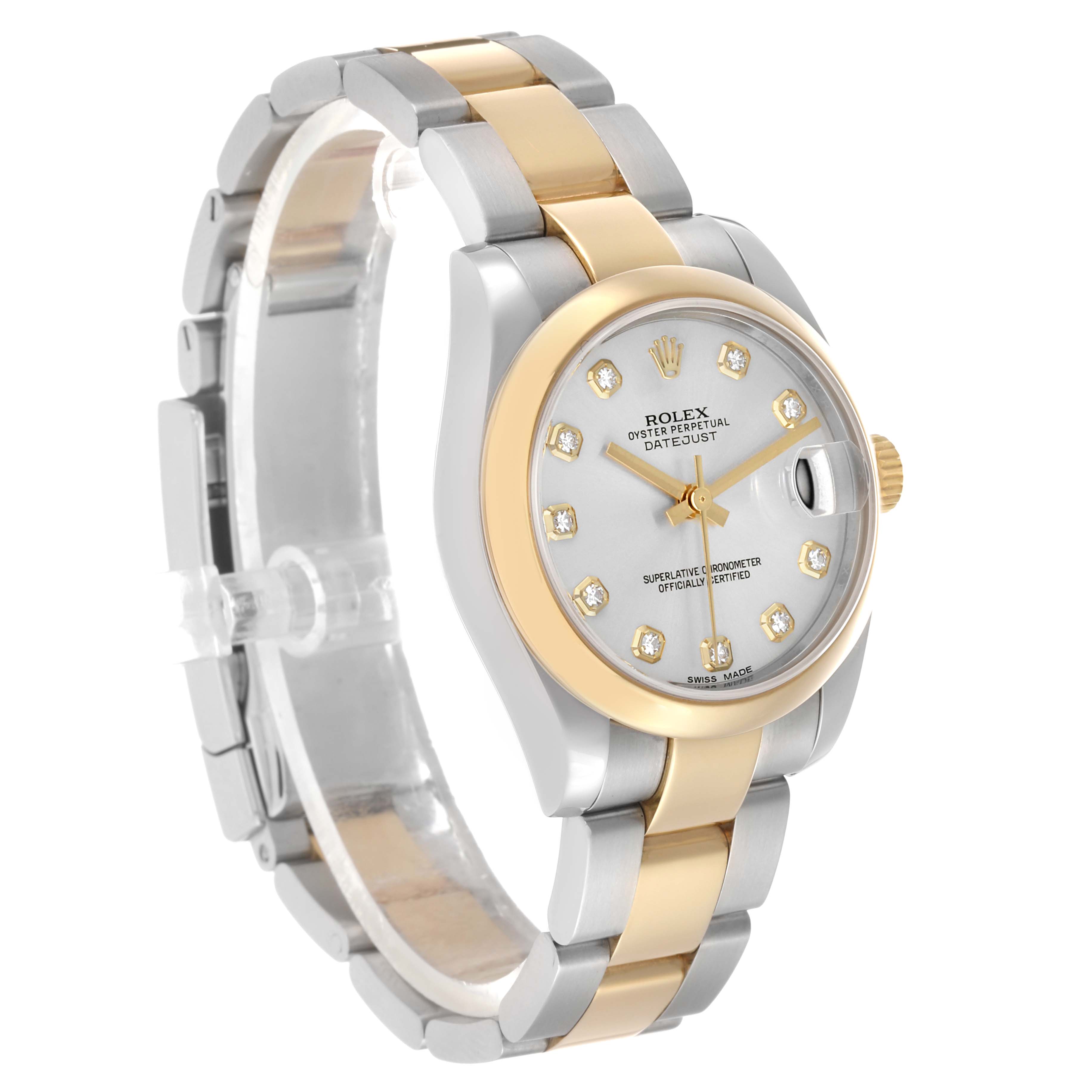 The Rolex Mid-Size 178243 Women's Steel and Gold (two tone) Silver Dial watch is shown from a three-quarter angle, highlighting the dial, bezel, and bracelet.