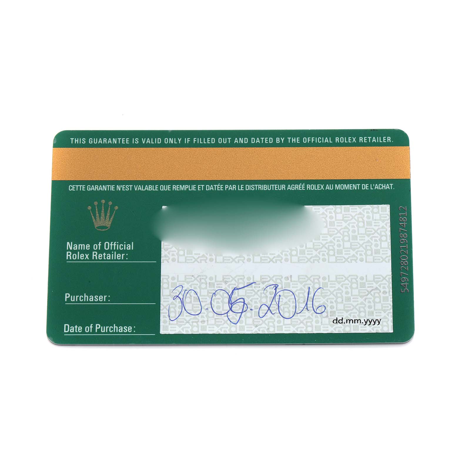 This image shows a warranty card for a Rolex Mid-Size 178243 Women's Steel and Gold (two tone) Silver Dial model, featuring purchase and retailer information areas.