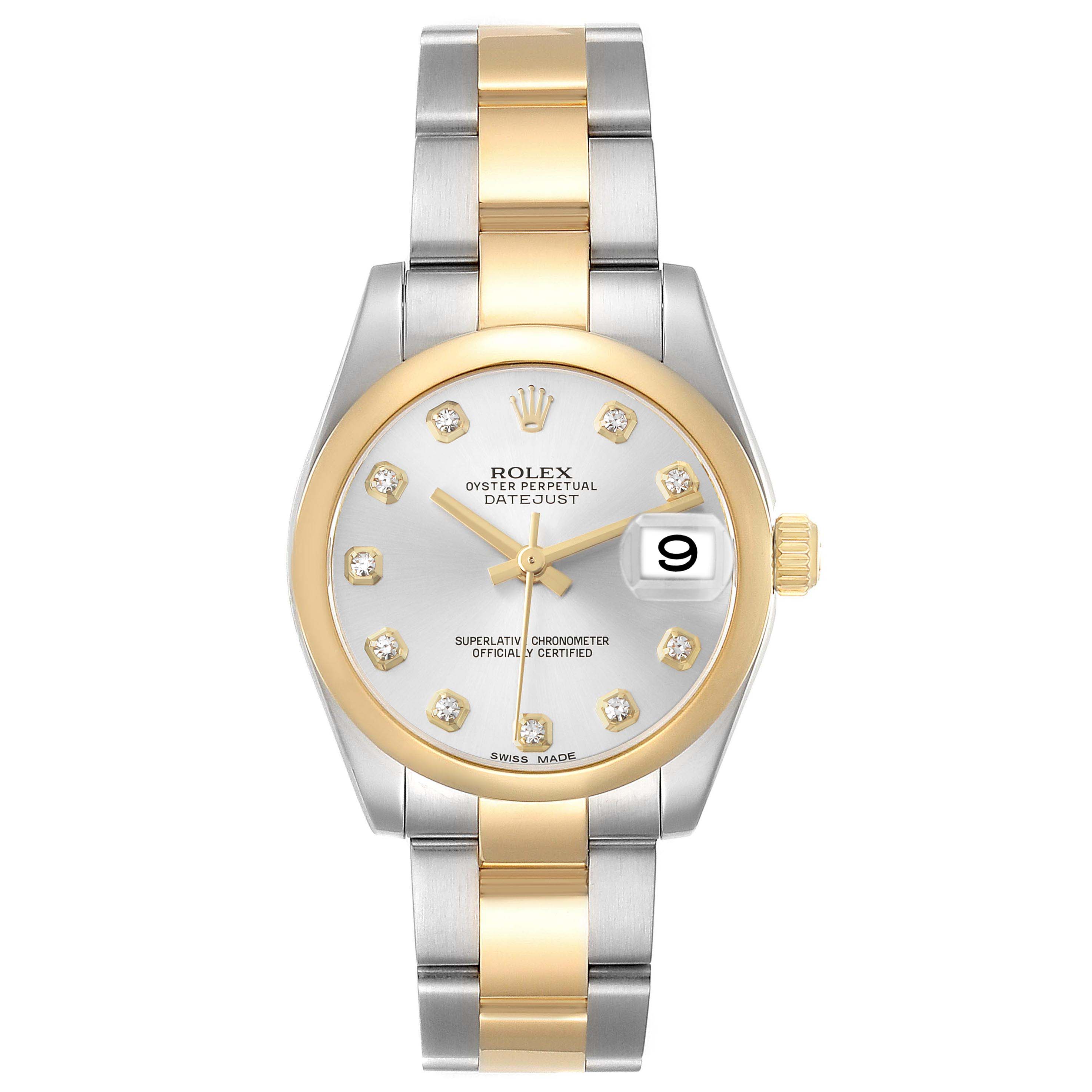 The Rolex Datejust Mid-Size watch is shown from the front, highlighting its two-tone bracelet, silver dial, and date function at 3 o'clock.