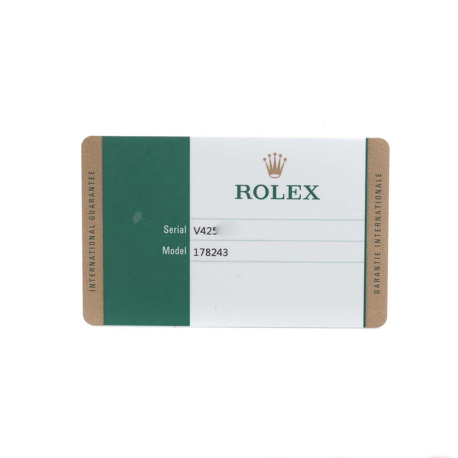 The image shows a Rolex warranty card for the Mid-Size model 178243, displaying the serial and model number.