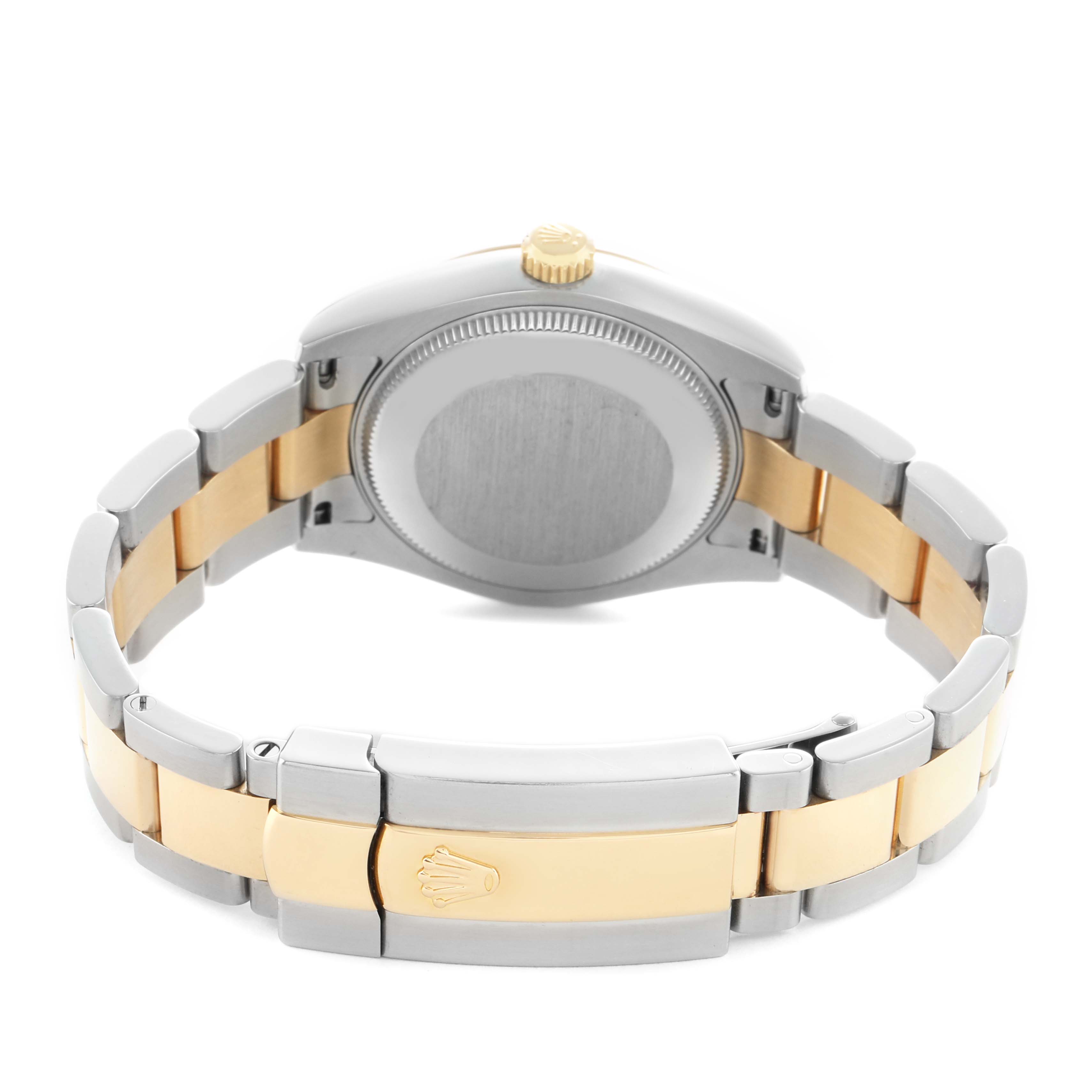 The image shows the back and bracelet of a Mid-Size Rolex watch, highlighting the clasp and caseback.