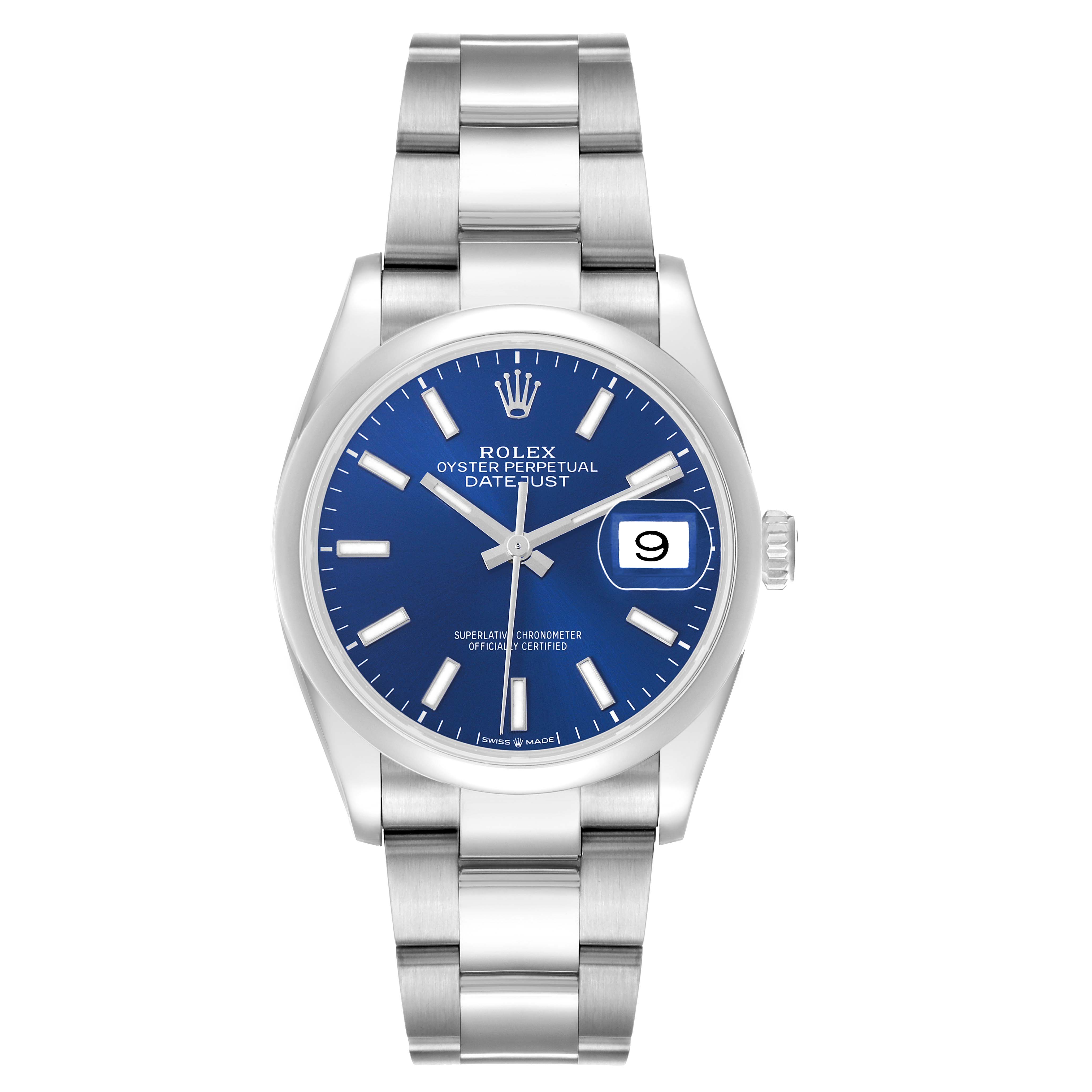 The image shows a Rolex Datejust 126200 Men's Stainless Steel Blue Dial watch from a top-down angle, highlighting the dial and bracelet.