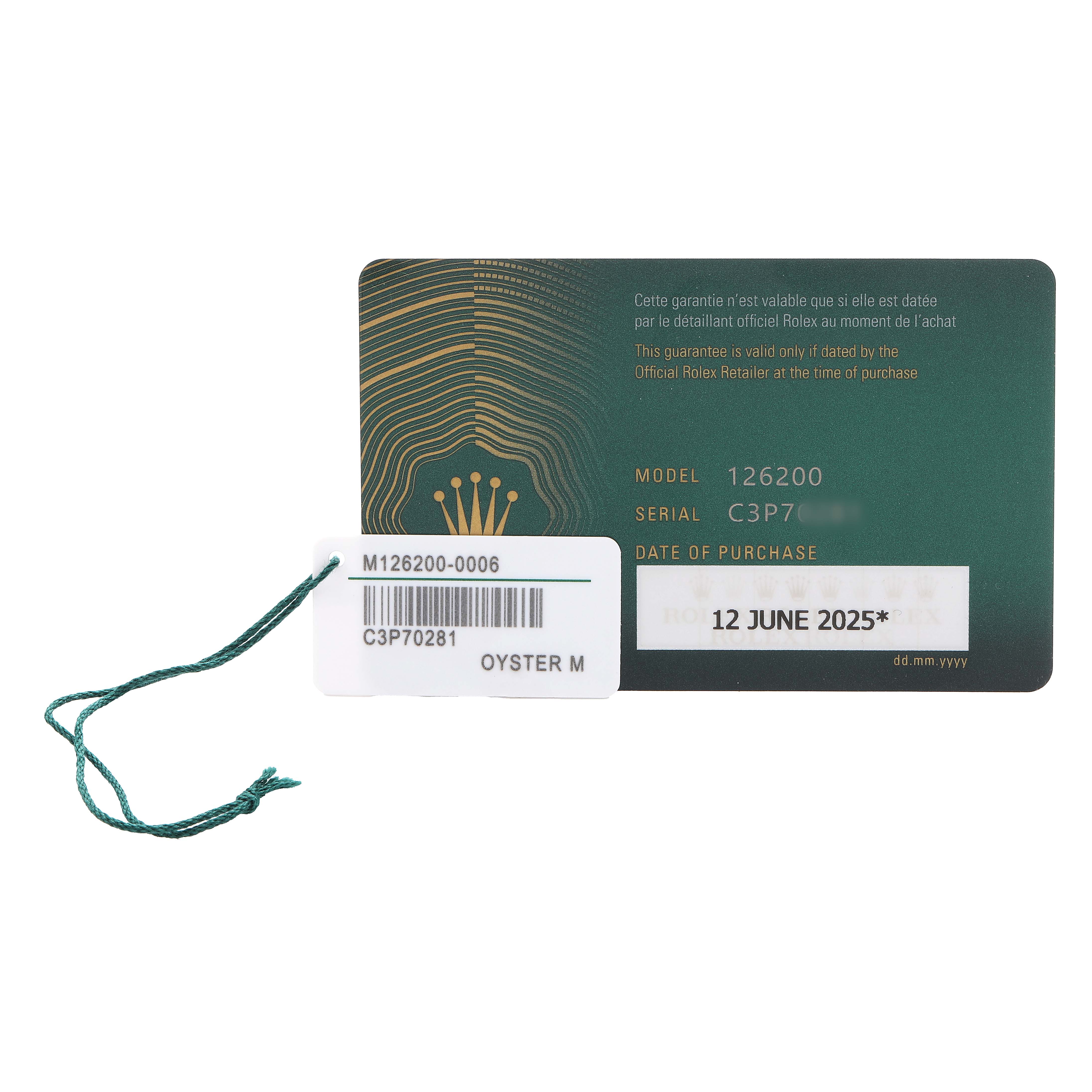 The image shows a Rolex Datejust 126200 Men's Stainless Steel Blue Dial model's warranty card with model and serial numbers, along with a tag.