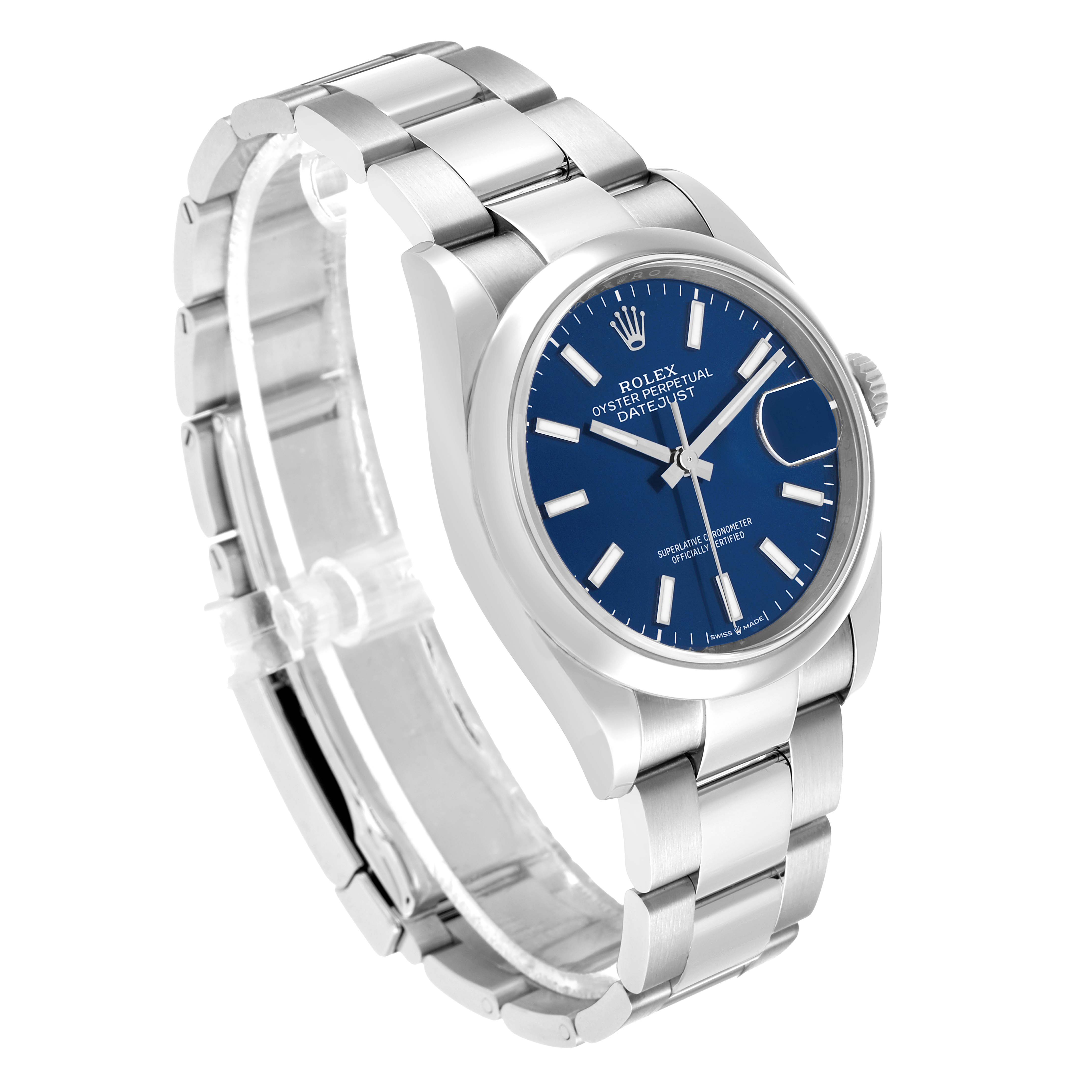 The Rolex Datejust 126200 Men's Stainless Steel Blue Dial watch is shown at a slight angle, displaying the blue dial, bezel, bracelet, and case.