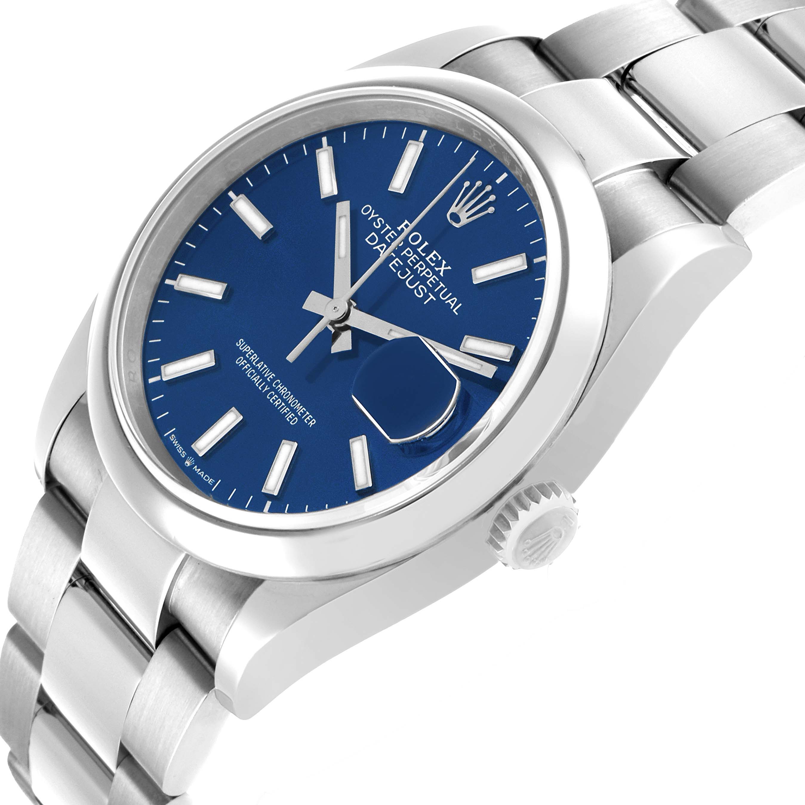 The Rolex Datejust 126200 Men's Stainless Steel Blue Dial watch is shown at a slight angle, displaying the blue dial, bezel, case, and part of the bracelet.