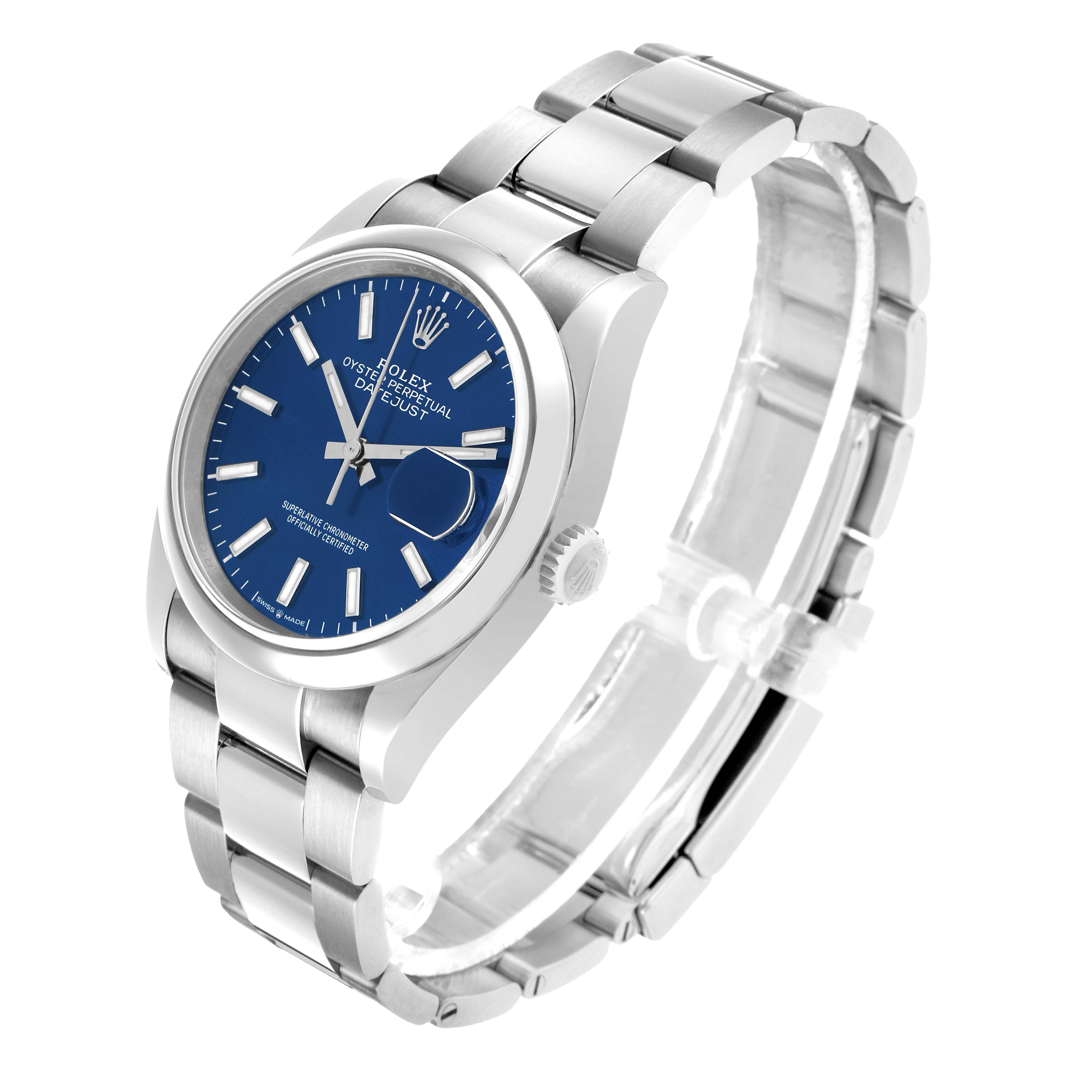 The Rolex Datejust 126200 Men's Stainless Steel Blue Dial watch is shown at a slight angle, displaying the dial, bezel, crown, and bracelet.