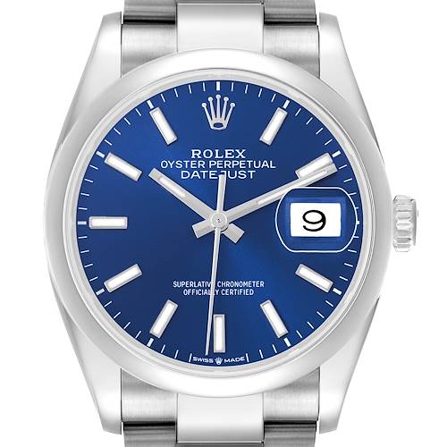 This image shows a front view of a Rolex Datejust 126200 Men's Stainless Steel Blue Dial watch, highlighting its blue dial, silver markers, and date window.