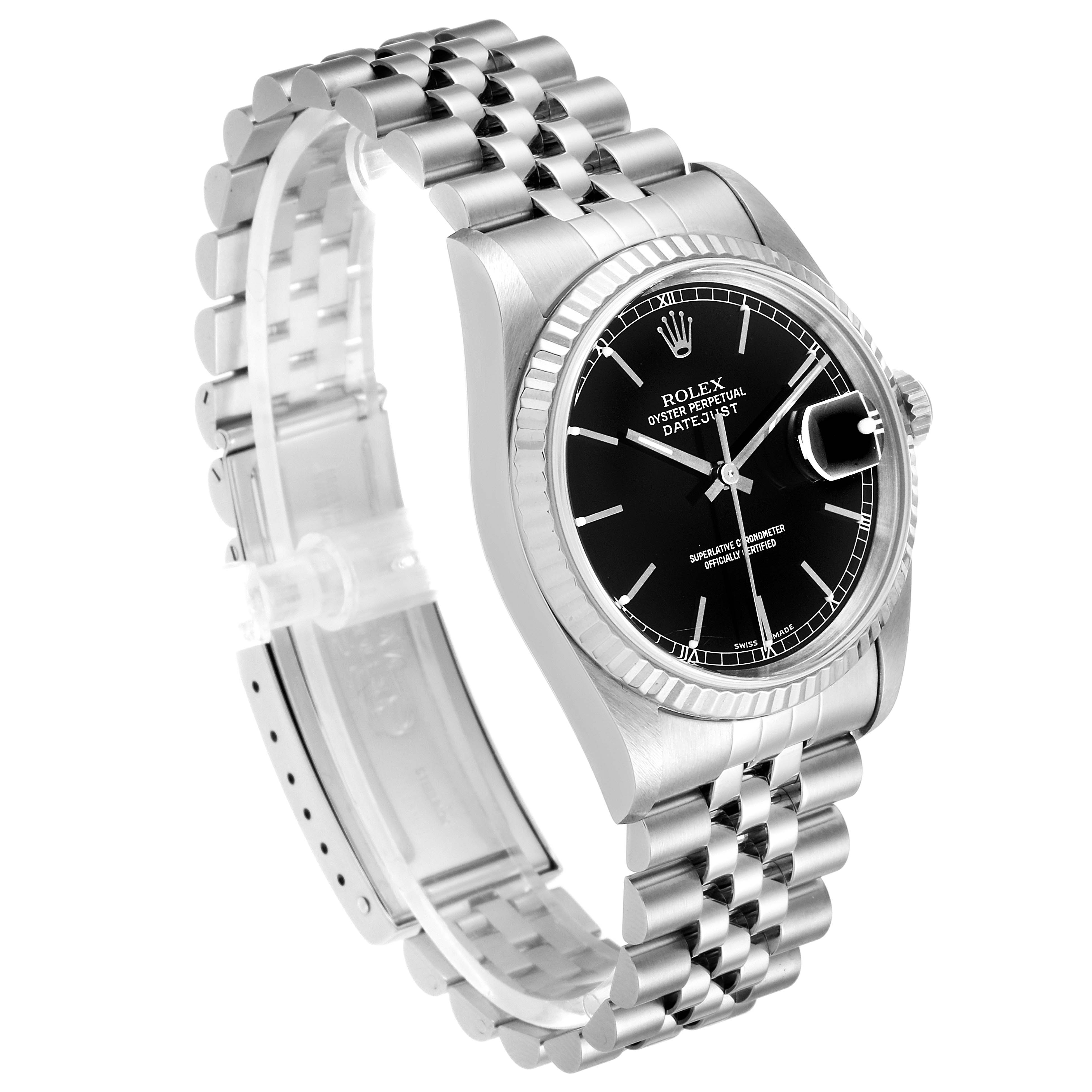 The image shows a Rolex Datejust 16234 Men's Stainless Steel Black Dial 16234 Men's Stainless Steel Black Dial watch at a three-quarter angle, highlighting its dial, bezel, bracelet, and partially open clasp.