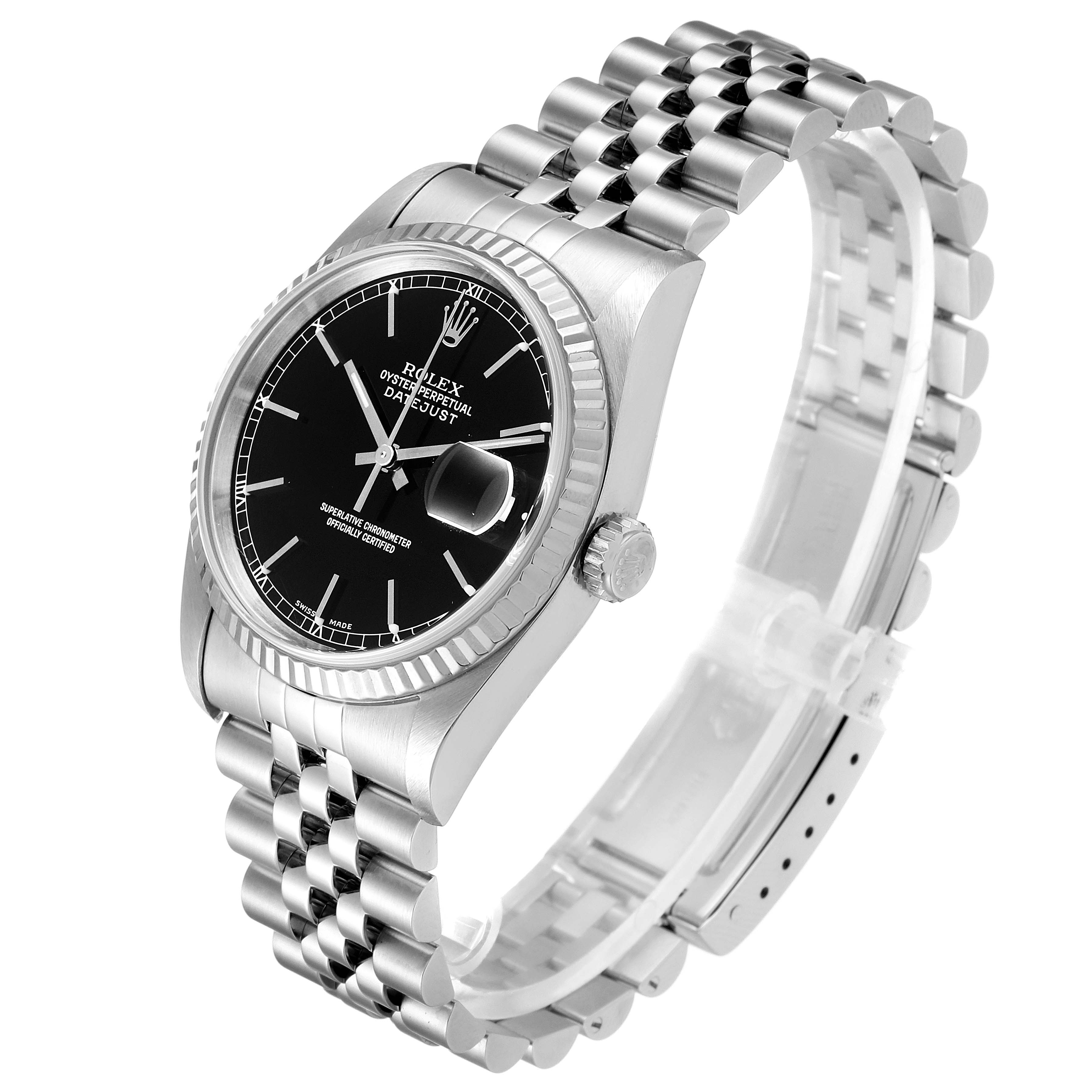 This image shows a Rolex Datejust 16234 Men's Stainless Steel Black Dial 16234 Men's Stainless Steel Black Dial watch angled from the top left, highlighting the face, bezel, crown, and bracelet.
