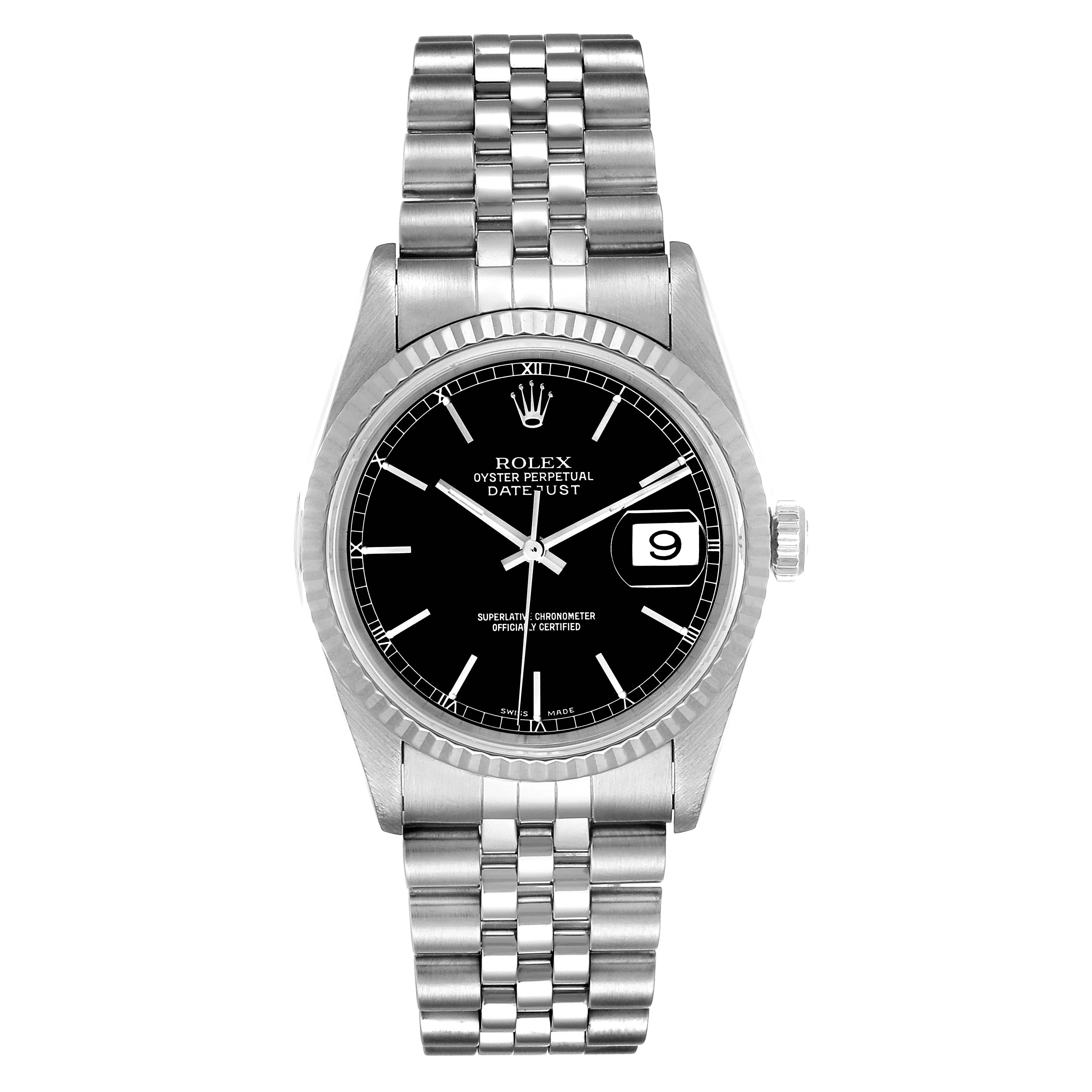 The image shows a front view of the Rolex Datejust 16234 Men's Stainless Steel Black Dial 16234 Men's Stainless Steel Black Dial watch, highlighting its black dial, silver bezel, and Jubilee bracelet.