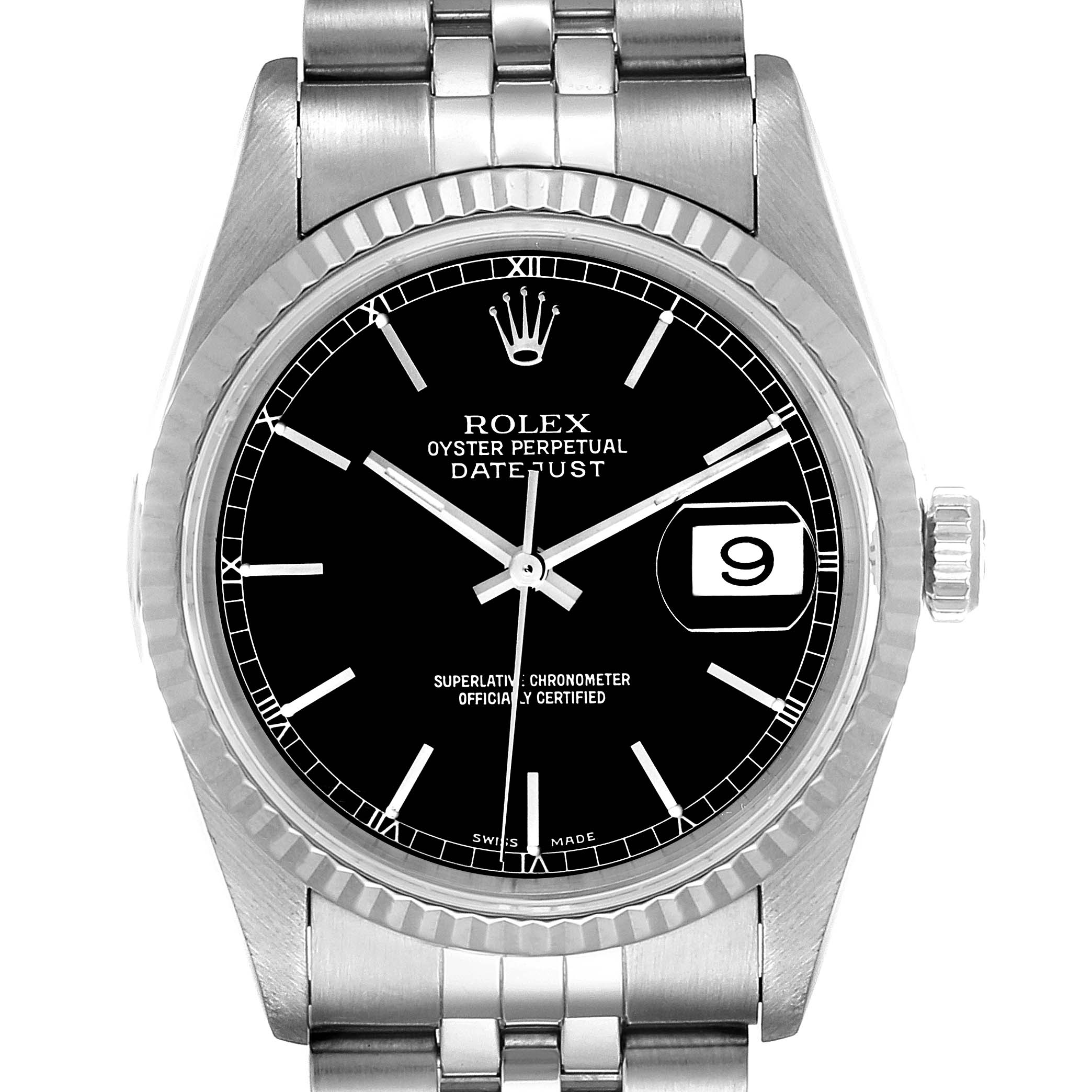 This image shows a frontal view of a Rolex Datejust 16234 Men's Stainless Steel Black Dial 16234 Men's Stainless Steel Black Dial watch, highlighting its black dial, fluted bezel, and Jubilee bracelet.