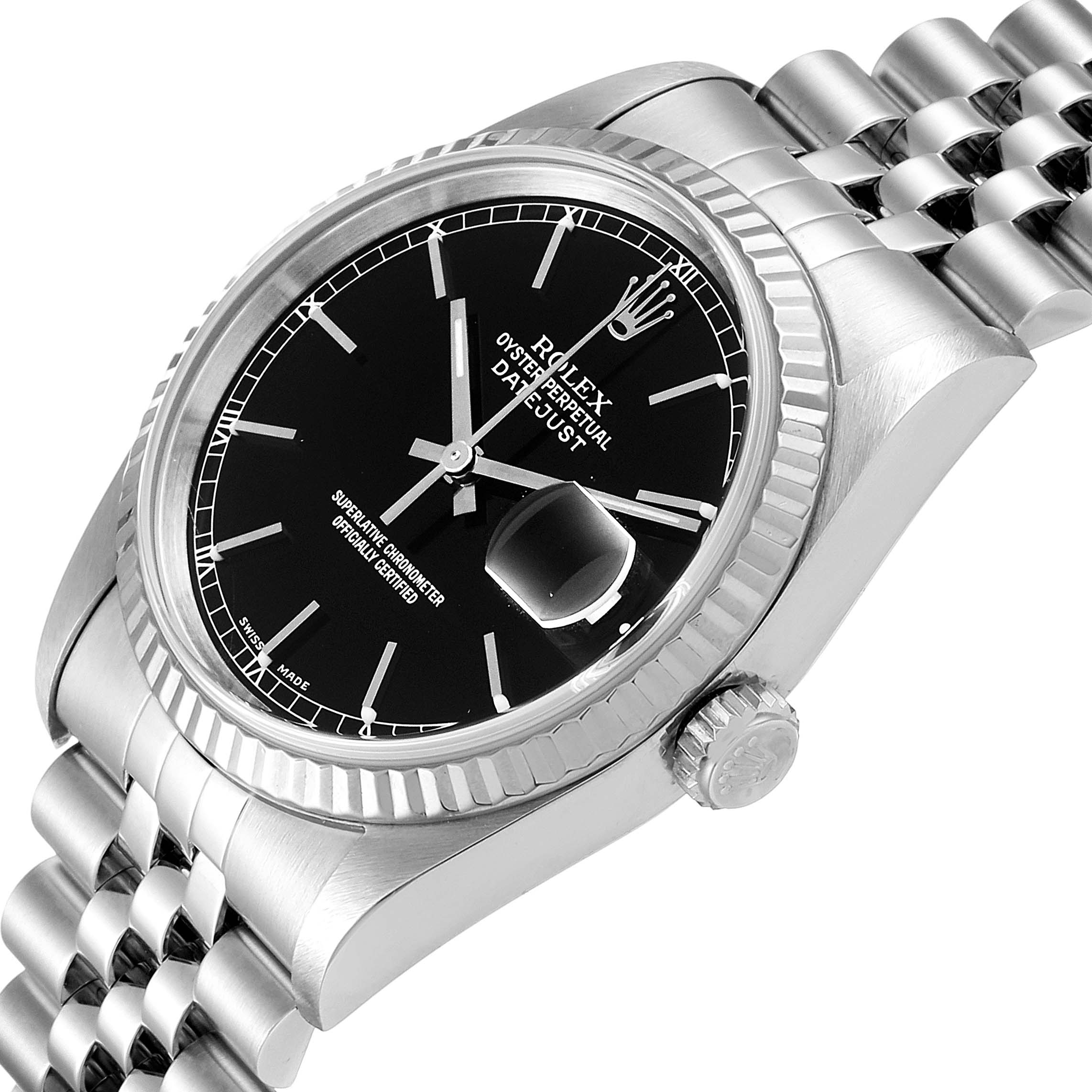 The Rolex Datejust 16234 Men's Stainless Steel Black Dial 16234 Men's Stainless Steel Black Dial watch is shown at an angle highlighting the dial, bezel, and part of the bracelet.