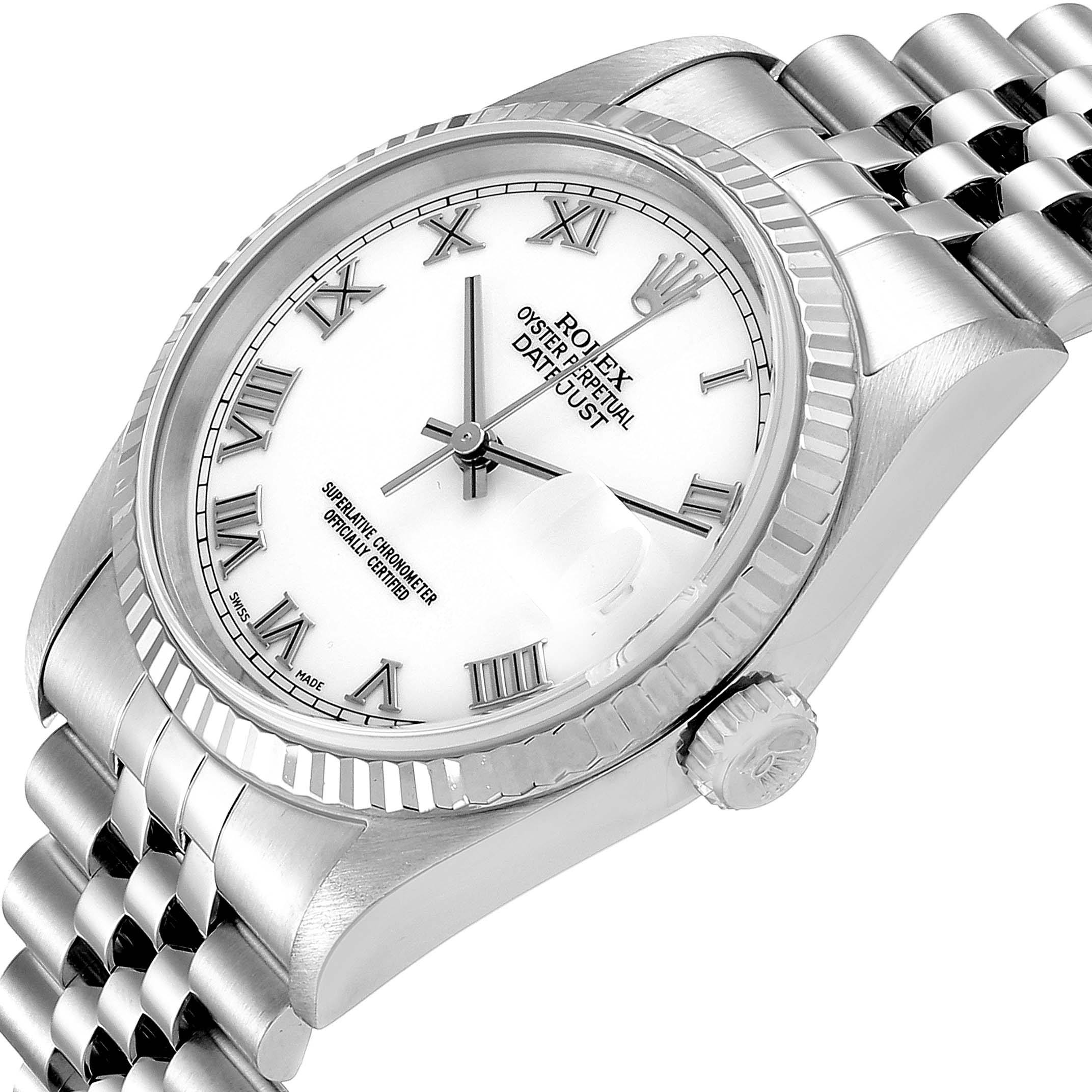 The image shows a close-up and angled view of the Rolex Datejust 16234 Men's Stainless Steel White Dial 16234 Men's Stainless Steel White Dial watch, focusing on the dial, bezel, and bracelet.