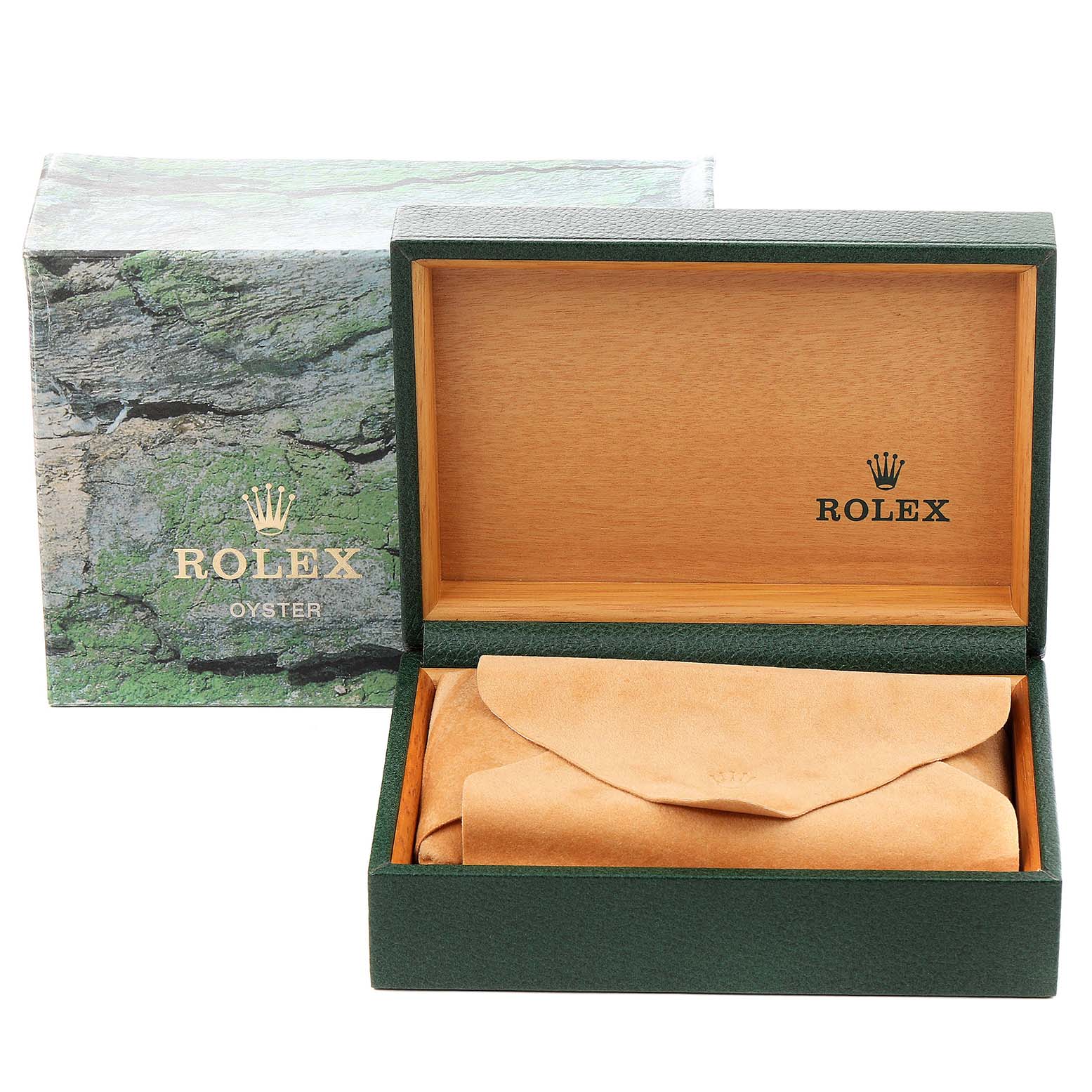 The image shows an open Rolex Datejust 16234 Men's Stainless Steel White Dial 16234 Men's Stainless Steel White Dial watch box with a tan leather pouch inside and the outer packaging in the background.