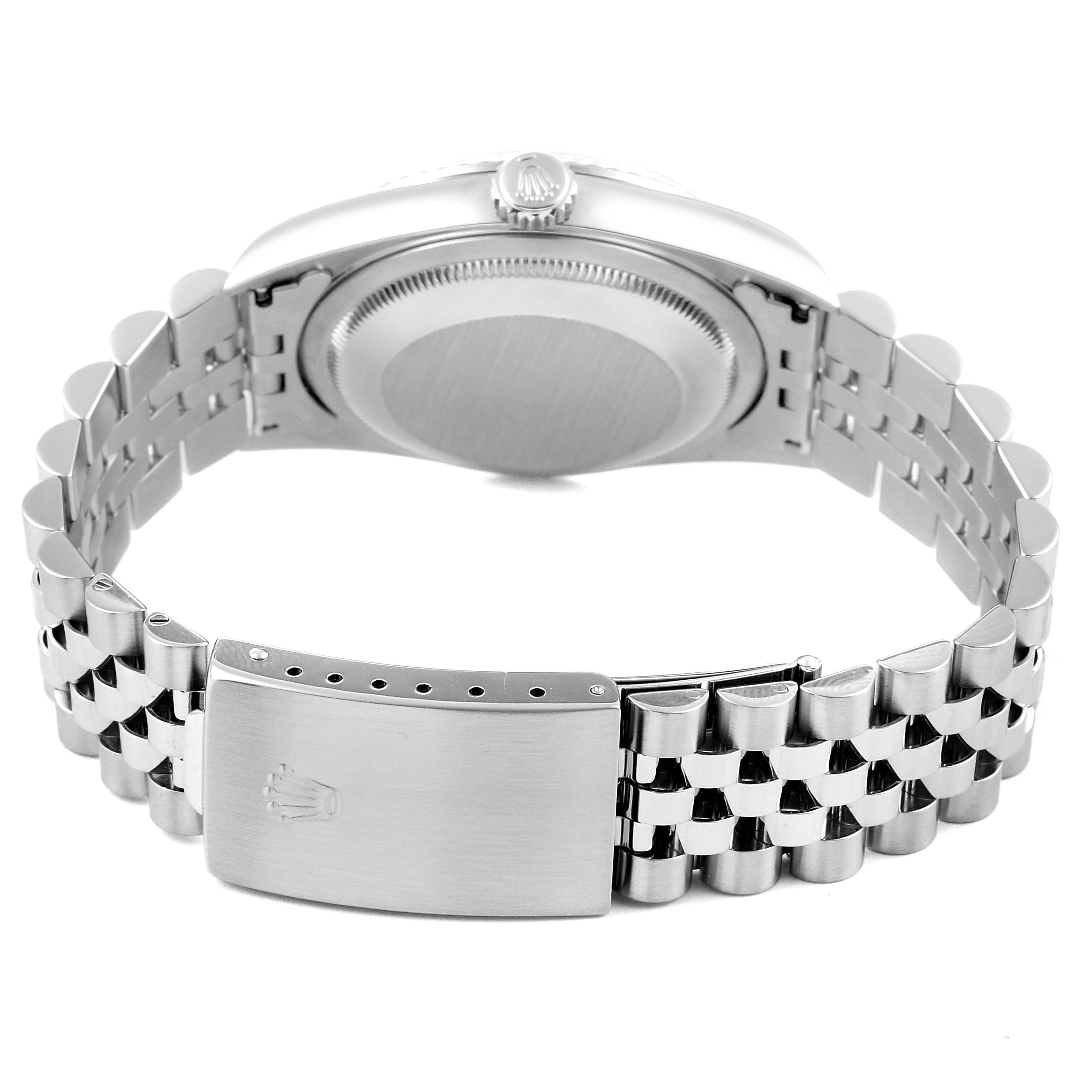 The image shows the back case, crown, and bracelet clasp of a Rolex Datejust 16234 Men's Stainless Steel White Dial 16234 Men's Stainless Steel White Dial watch from a rear angle.