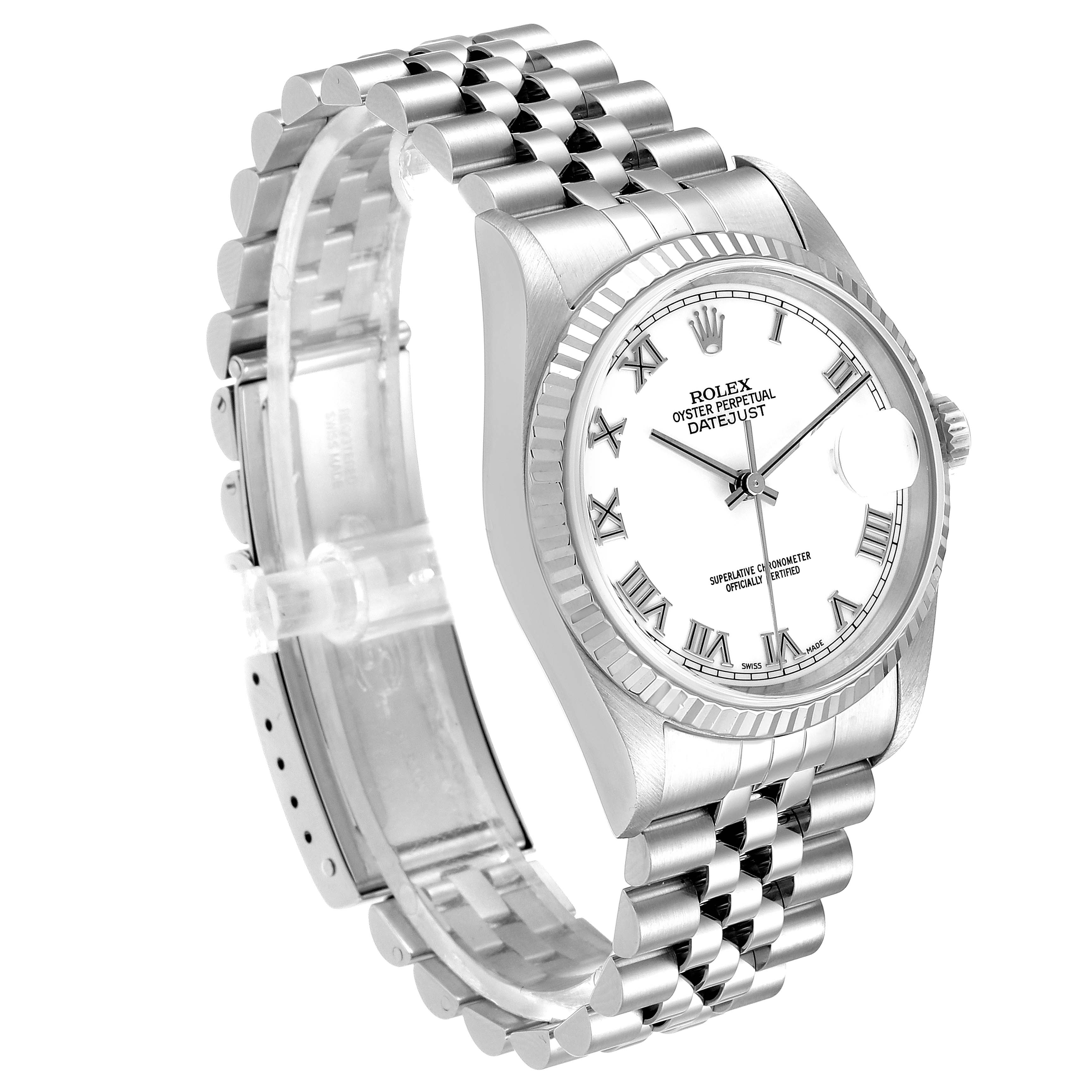 The image shows a Rolex Datejust 16234 Men's Stainless Steel White Dial 16234 Men's Stainless Steel White Dial watch at an angle highlighting its dial, fluted bezel, and Jubilee bracelet.