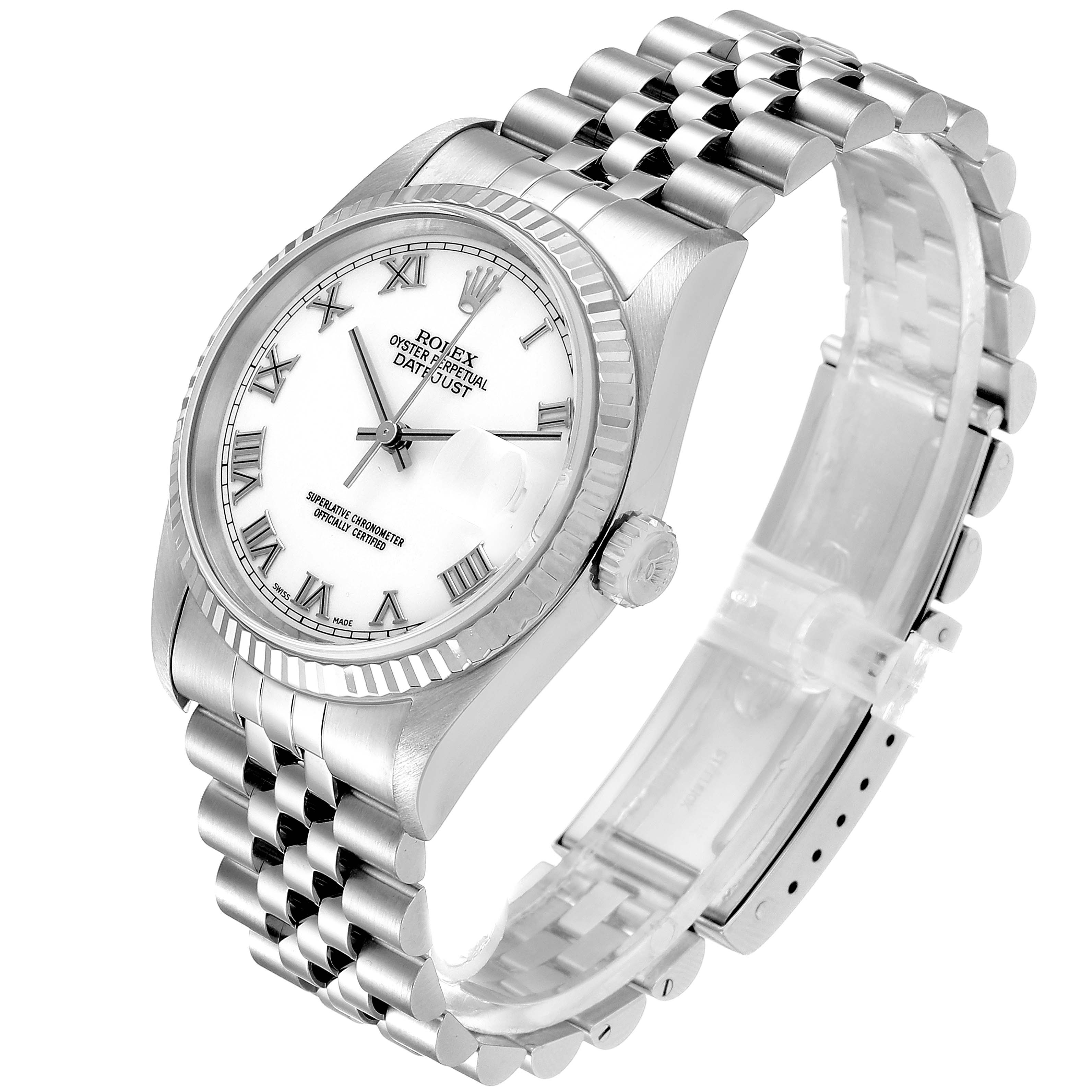 This image shows a silver Rolex Datejust 16234 Men's Stainless Steel White Dial 16234 Men's Stainless Steel White Dial watch at a three-quarter angle, highlighting the case, bezel, dial, and bracelet.