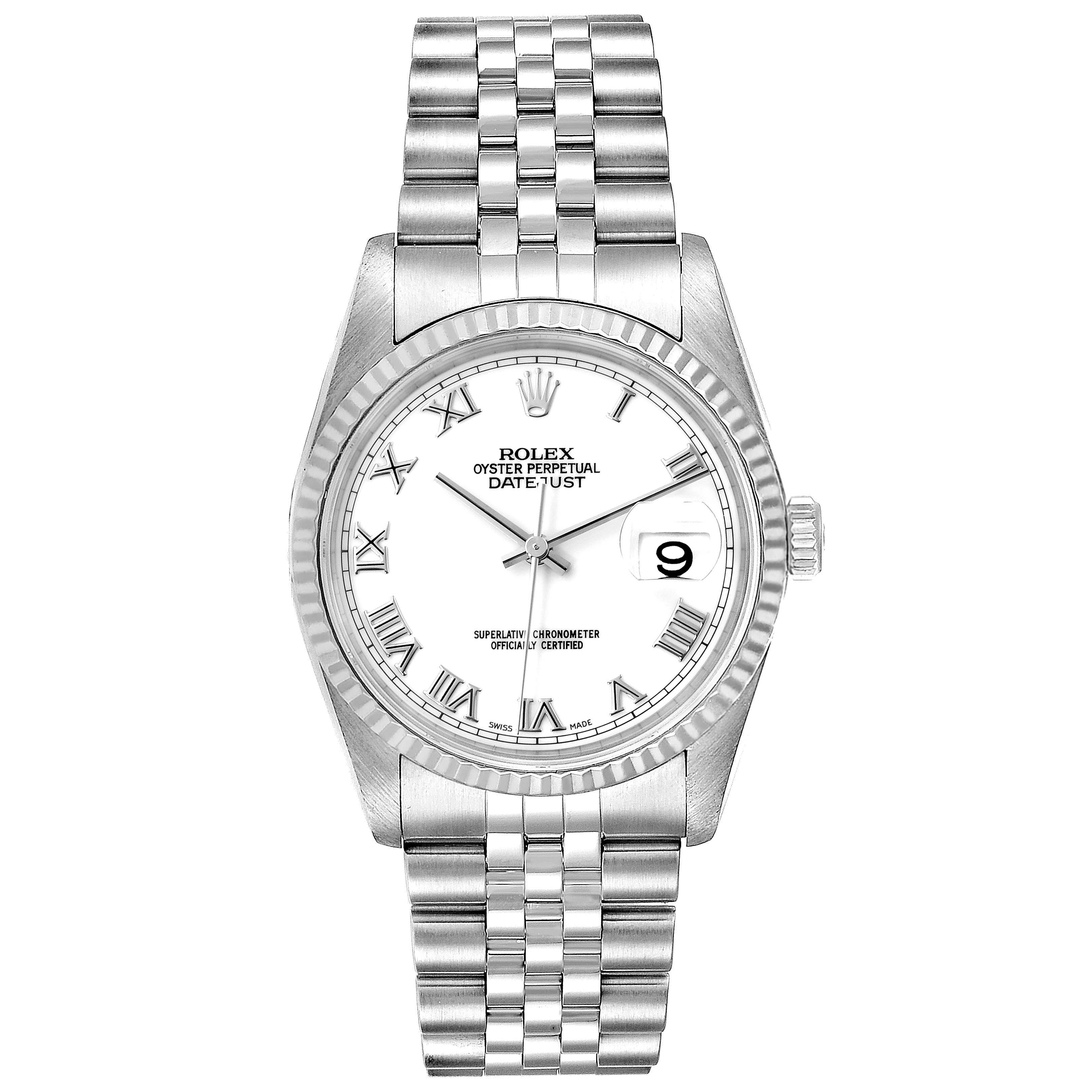 This image shows a Rolex Datejust 16234 Men's Stainless Steel White Dial 16234 Men's Stainless Steel White Dial watch from a top-down angle, featuring the dial, bezel, case, and bracelet.