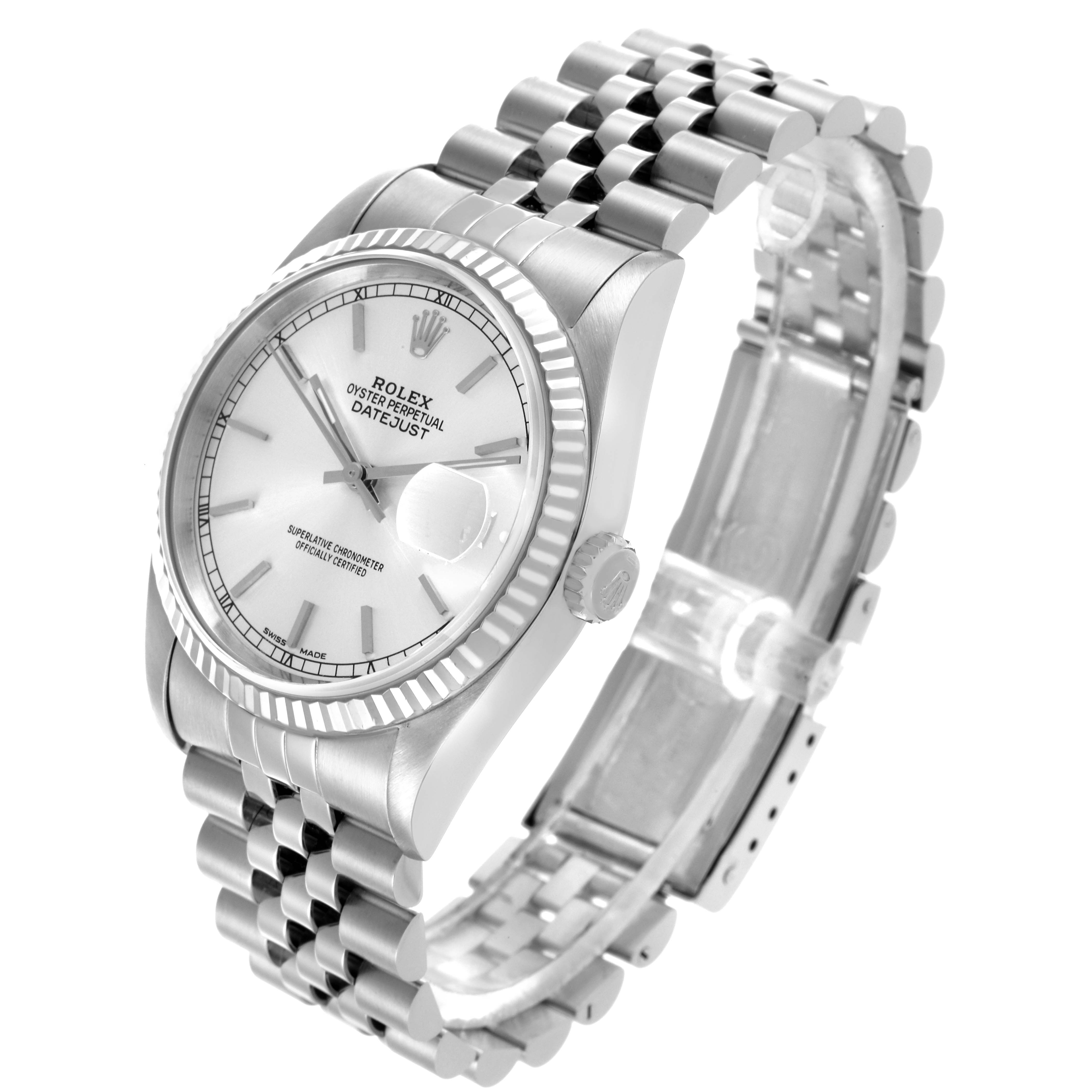 The Rolex Datejust 16234 Men
s Stainless Steel Silver Dial 16234 Men
s Stainless Steel Silver Dial watch is shown at a three-quarter angle, featuring the dial, bezel, crown, and bracelet.