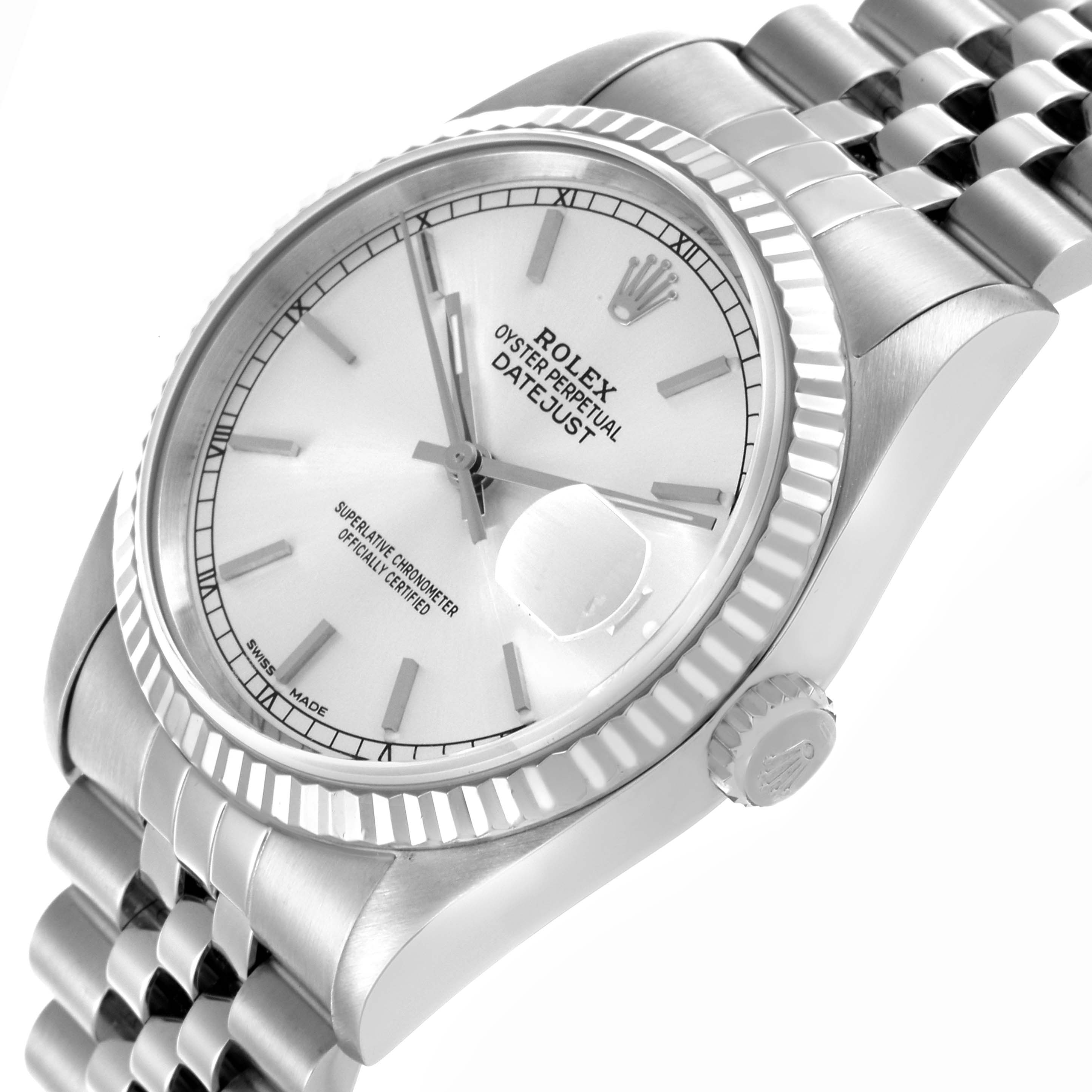 The Rolex Datejust 16234 Men
s Stainless Steel Silver Dial 16234 Men
s Stainless Steel Silver Dial watch is shown from a side angle, displaying the bezel, dial, crown, and bracelet links.