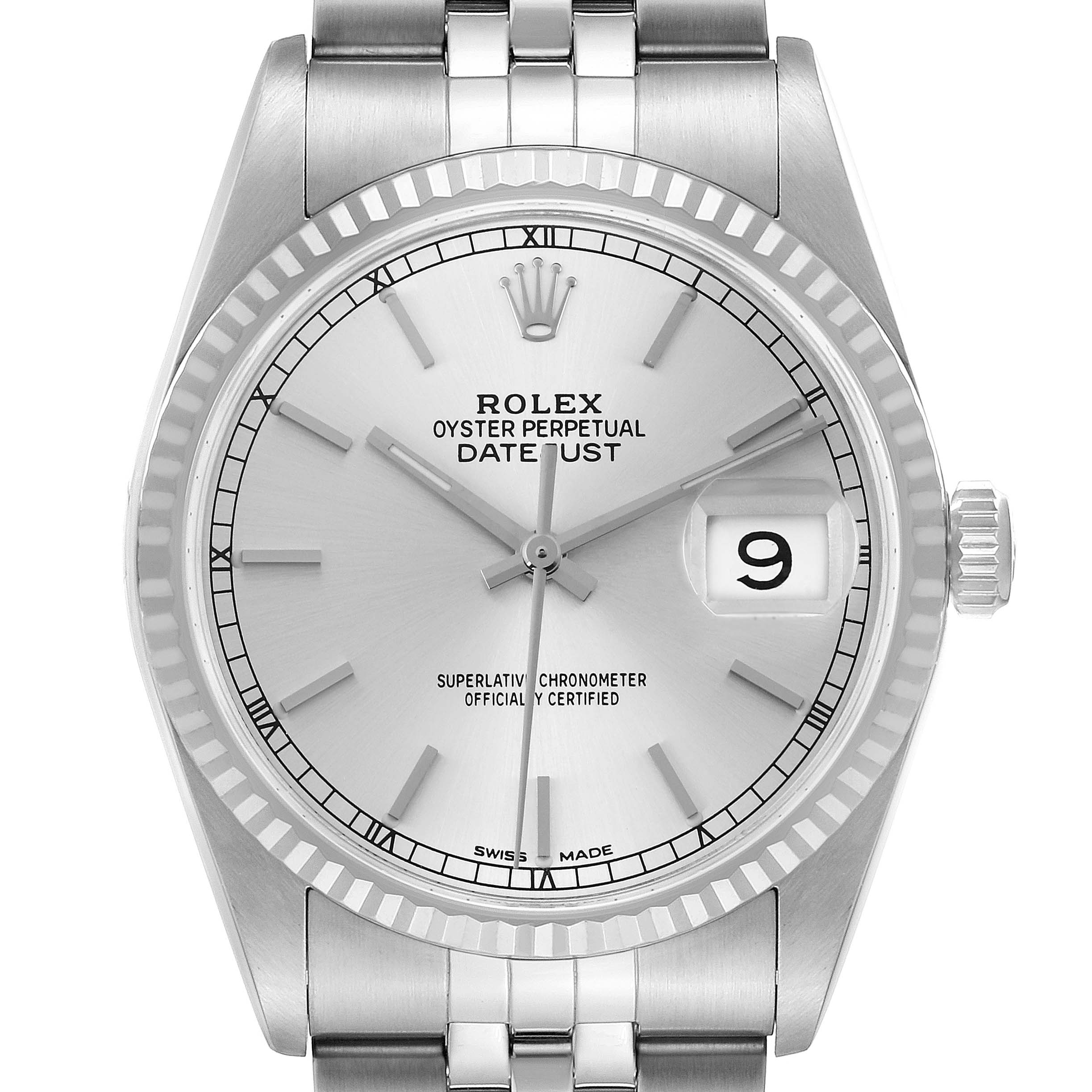 The image shows a front view of a Rolex Datejust 16234 Men
s Stainless Steel Silver Dial 16234 Men
s Stainless Steel Silver Dial watch, displaying the dial, bezel, and partially the bracelet.