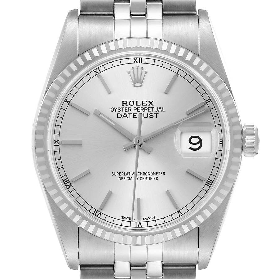 The image shows a front view of a Rolex Datejust watch, displaying the dial, bezel, and partially the bracelet.