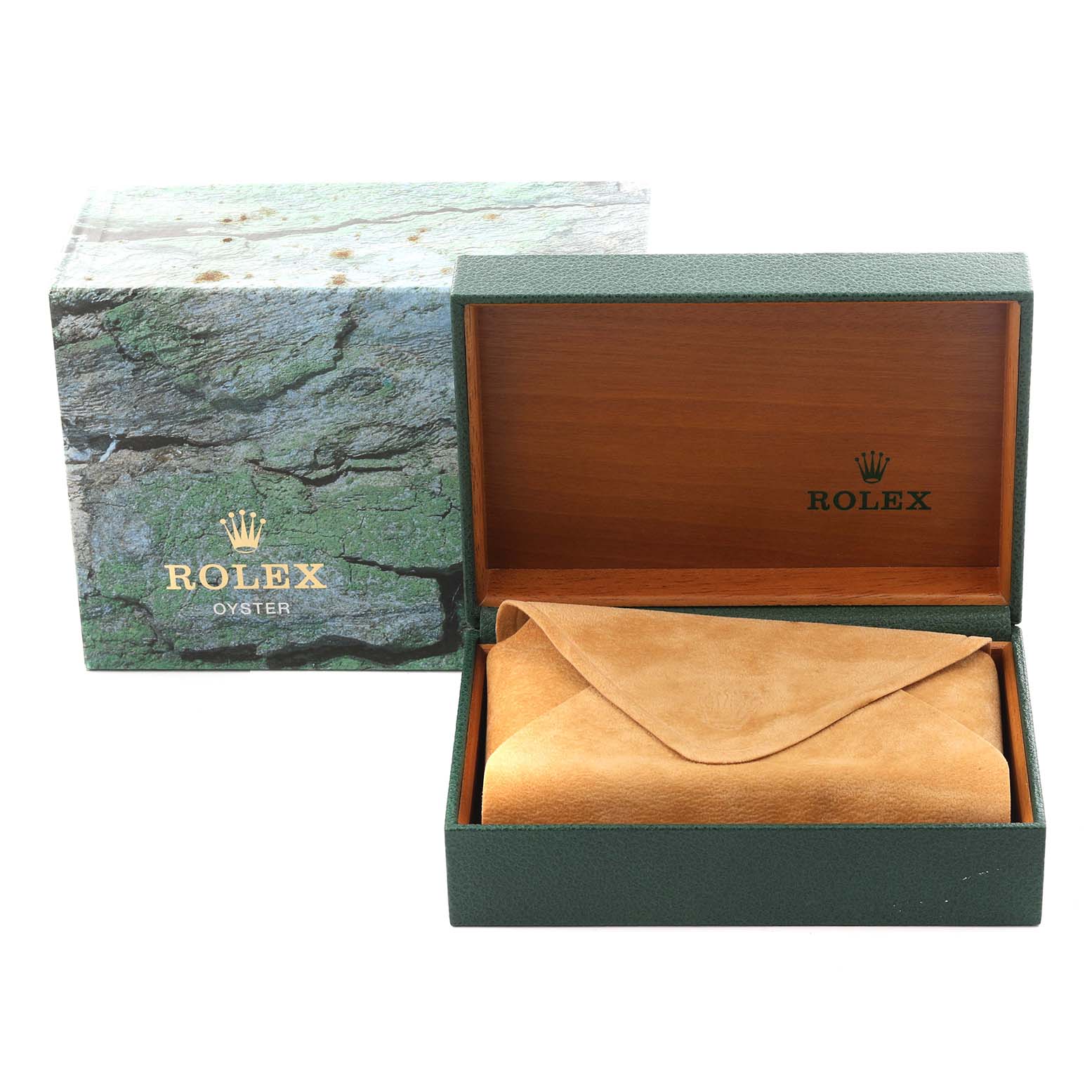 The image shows a Rolex Datejust 16234 Men
s Stainless Steel Silver Dial 16234 Men
s Stainless Steel Silver Dial box set, including an outer box and an inner box with a suede pouch.