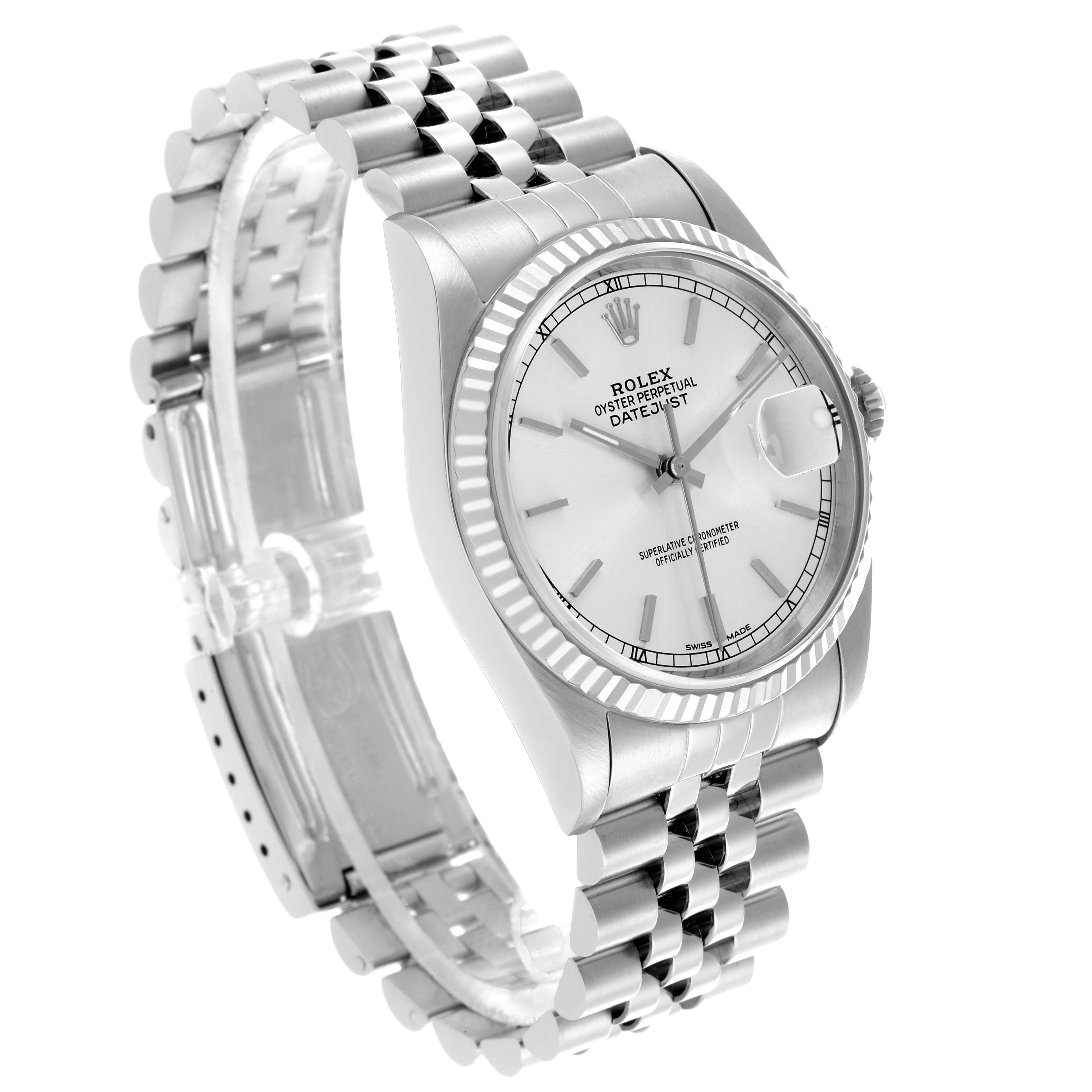 The Rolex Datejust 16234 Men
s Stainless Steel Silver Dial 16234 Men
s Stainless Steel Silver Dial watch is shown at a three-quarter angle, highlighting the dial, bezel, and Jubilee bracelet.