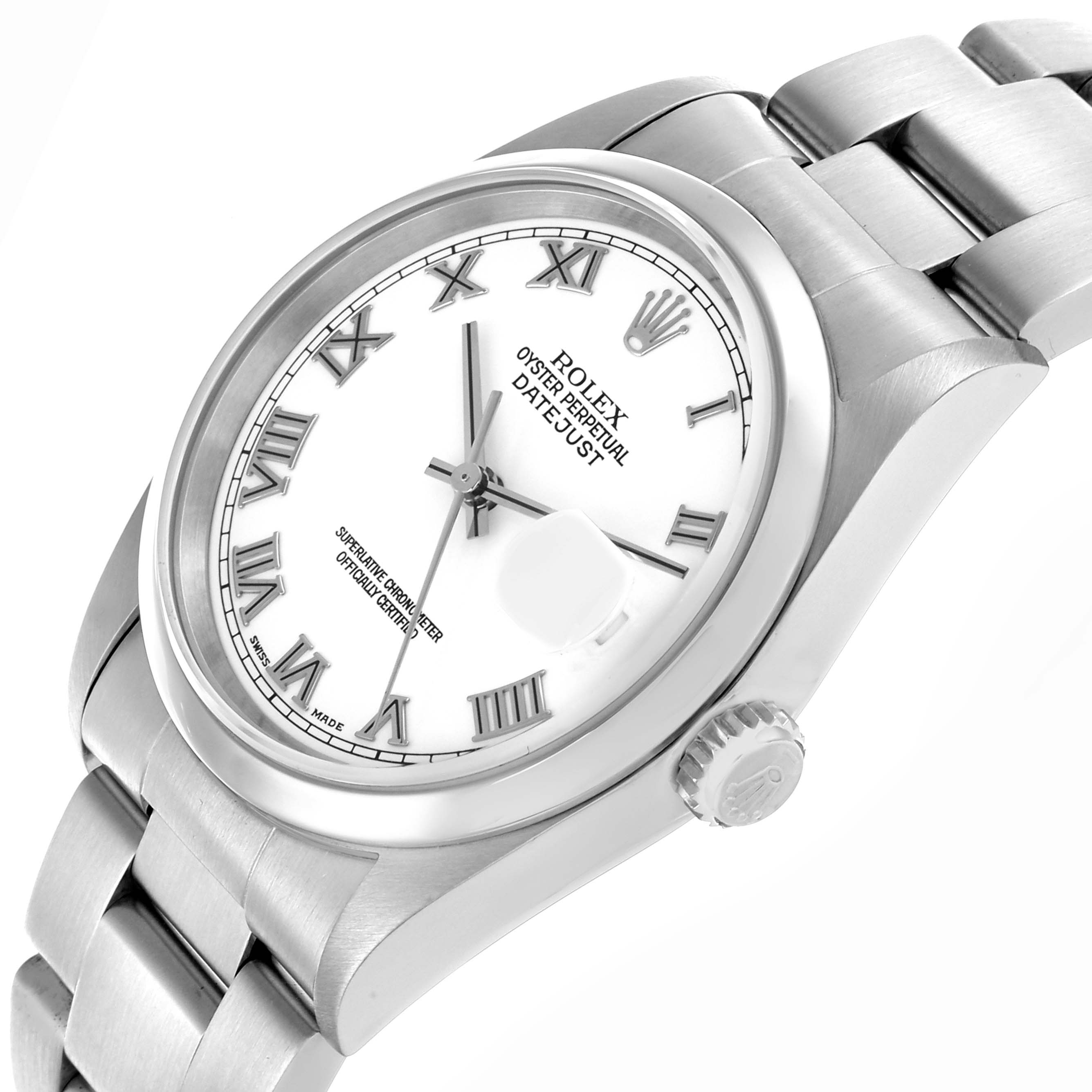 The Rolex Datejust 16200 Men's Stainless Steel White Dial 16200 Men's Stainless Steel White Dial is shown at an angle highlighting the dial, bezel, crown, and part of the bracelet.