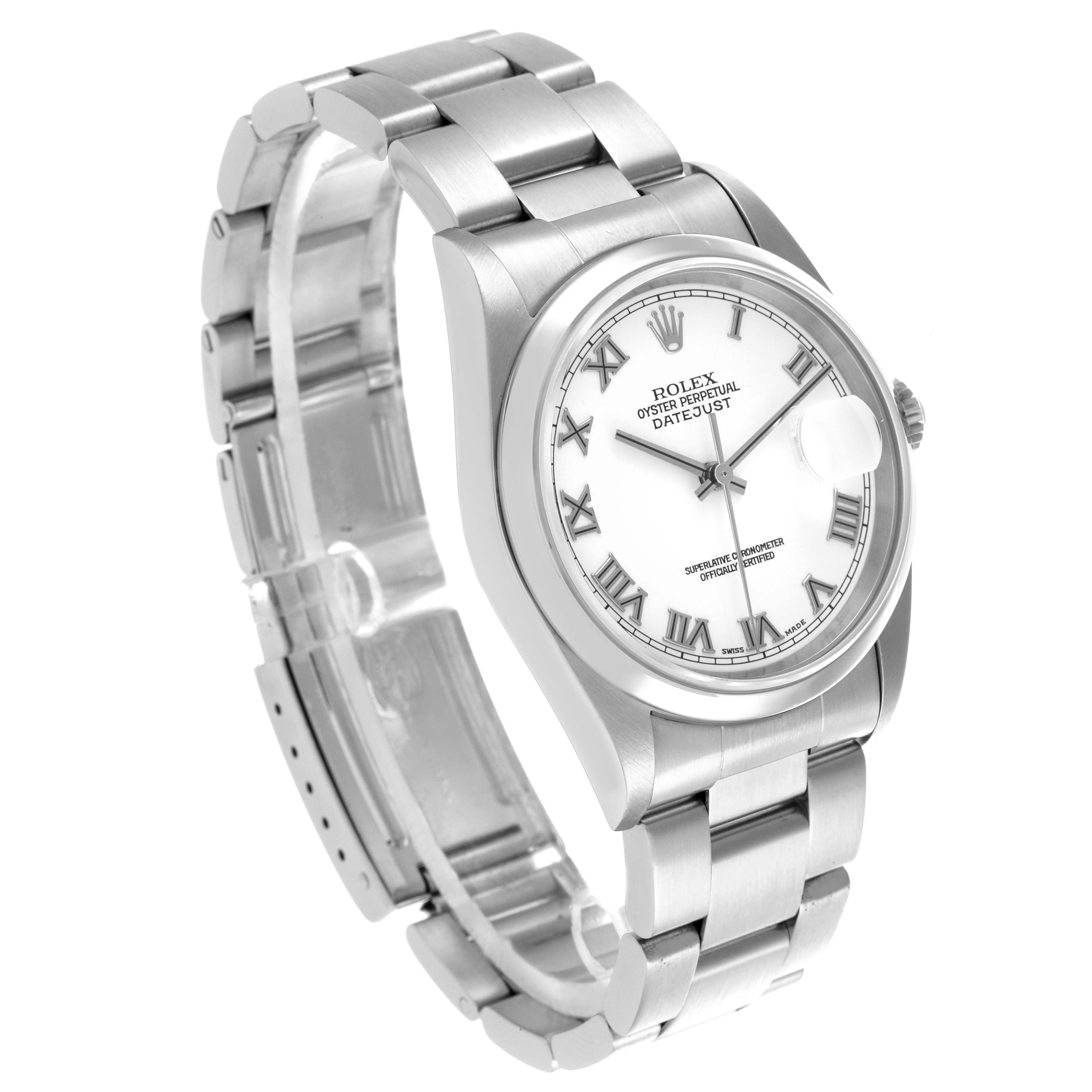 The Rolex Datejust 16200 Men's Stainless Steel White Dial 16200 Men's Stainless Steel White Dial watch is shown at a slight angle, displaying the dial, bracelet, and crown.