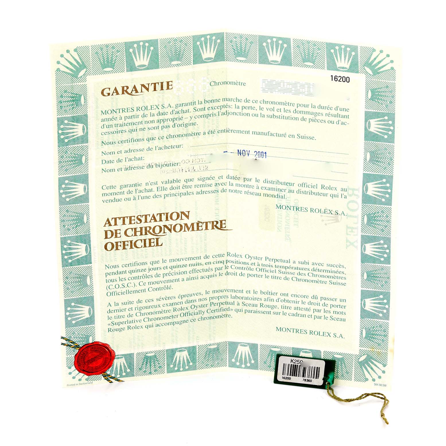 The image shows a warranty certificate and tag for a Rolex Datejust 16200 Men's Stainless Steel White Dial 16200 Men's Stainless Steel White Dial model.