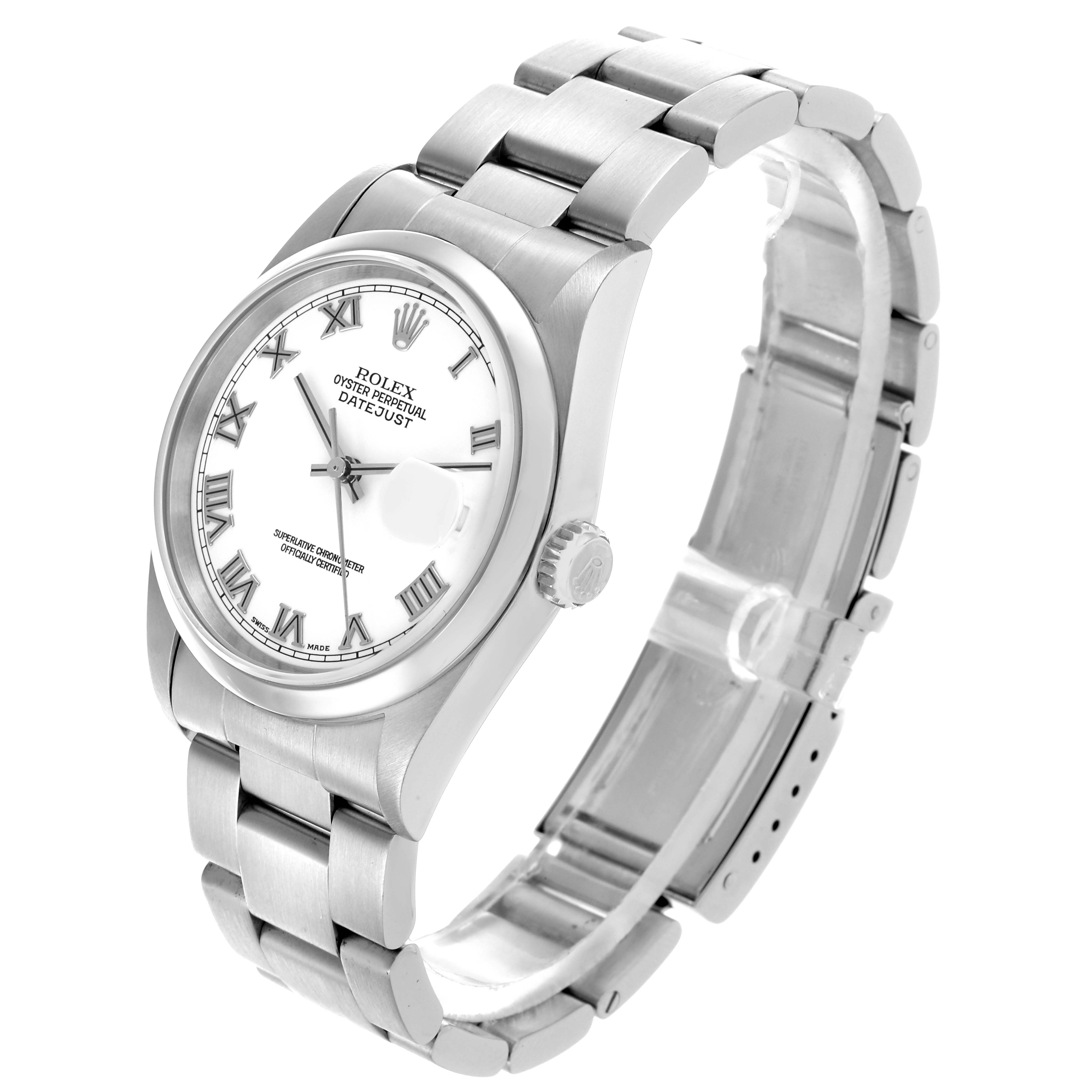 The Rolex Datejust 16200 Men's Stainless Steel White Dial 16200 Men's Stainless Steel White Dial watch is shown at an angle displaying the face, bezel, crown, and bracelet.
