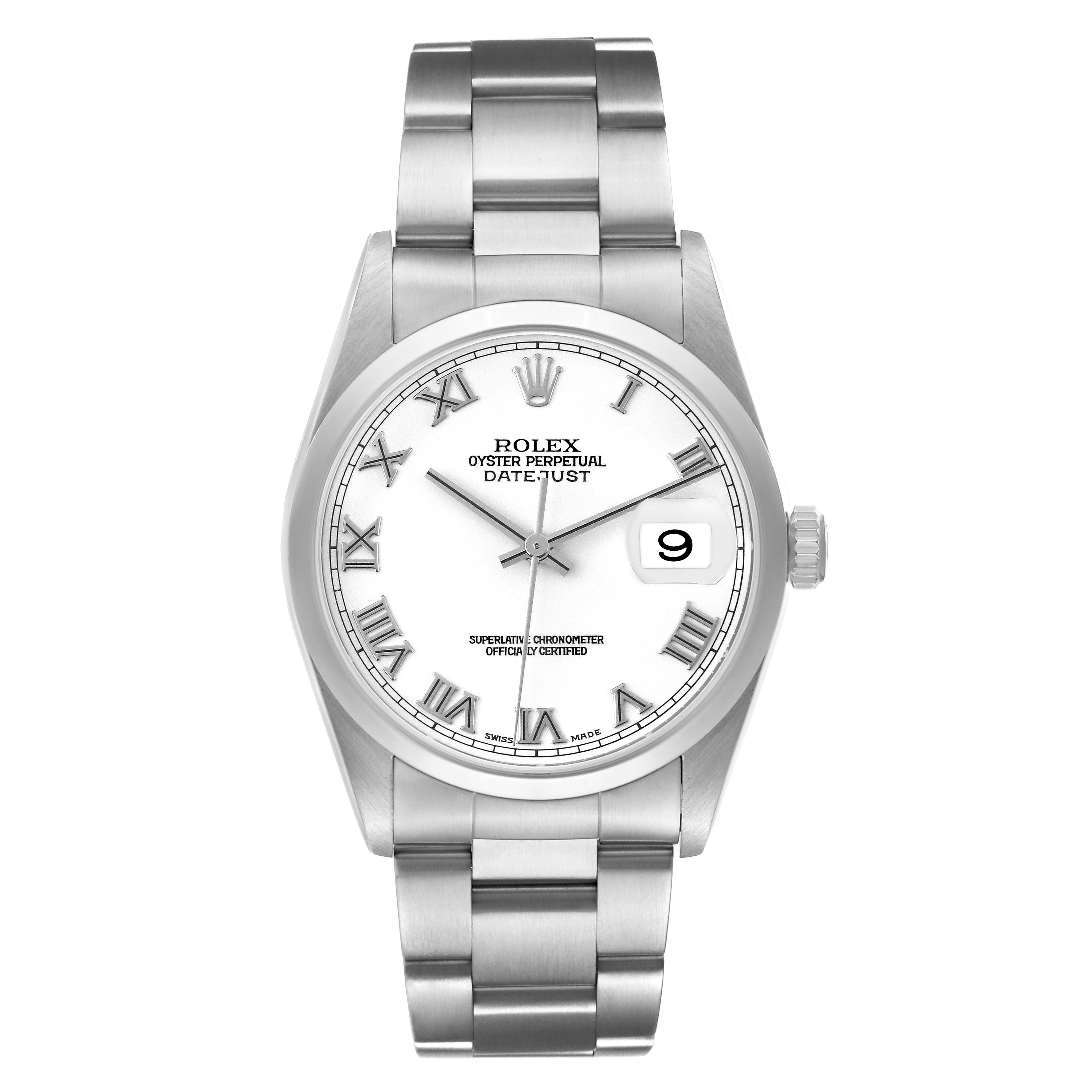 The Rolex Datejust 16200 Men's Stainless Steel White Dial 16200 Men's Stainless Steel White Dial watch is shown from a front view, highlighting the dial, bracelet, and crown.