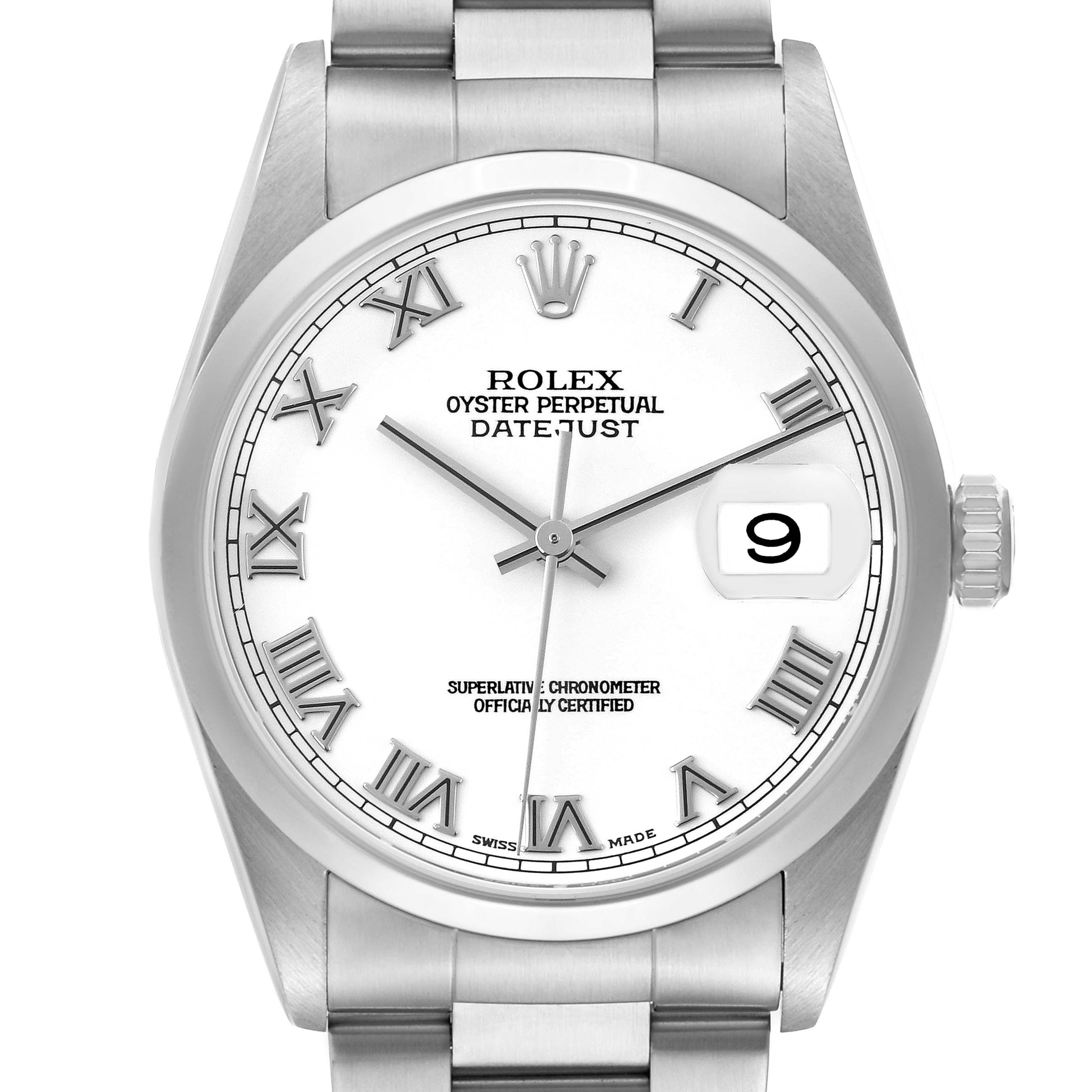 The Rolex Datejust 16200 Men's Stainless Steel White Dial 16200 Men's Stainless Steel White Dial watch is shown from a front angle, displaying the dial, bezel, and part of the bracelet.