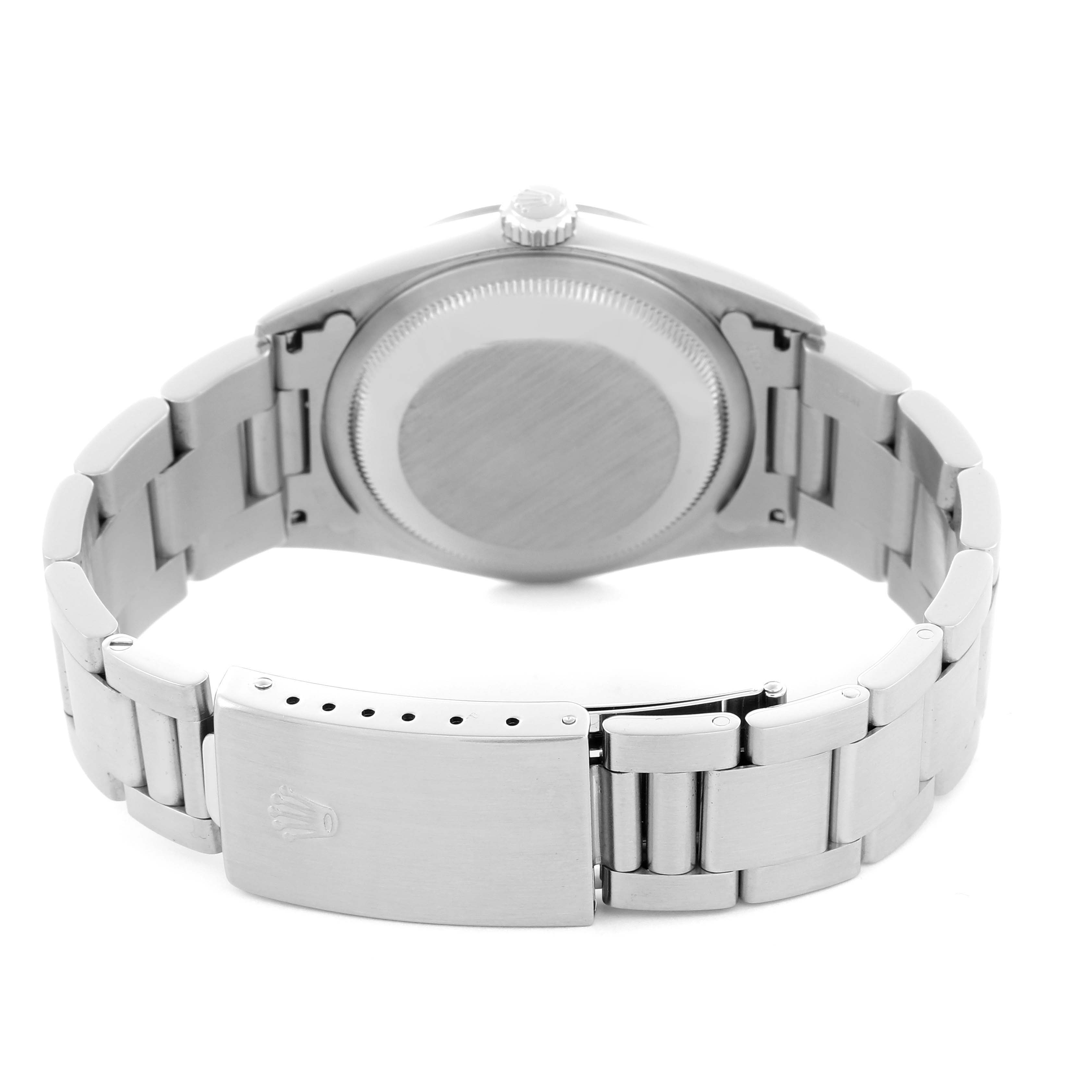 The image shows the back view of a Rolex Datejust 16200 Men's Stainless Steel White Dial 16200 Men's Stainless Steel White Dial watch, highlighting the clasp and bracelet.
