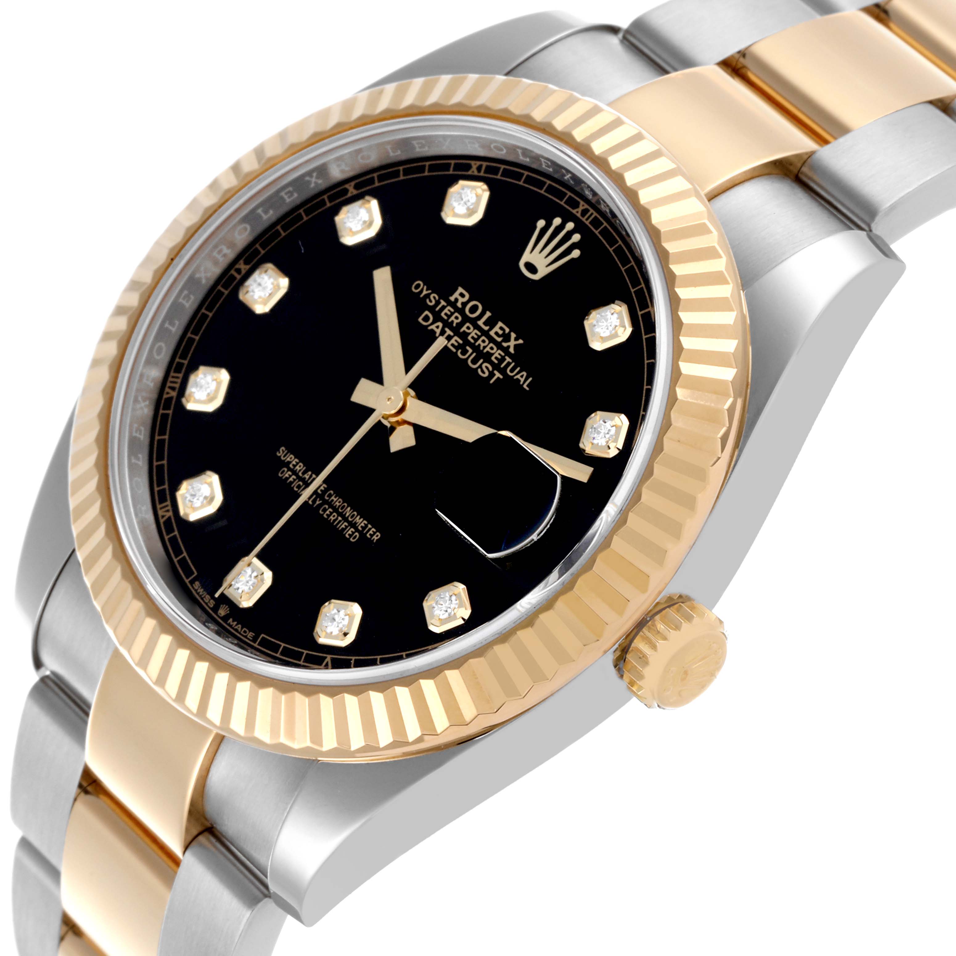 The image shows a side angle of the Rolex Datejust 41 126333 Men
s Steel and Gold (two tone) Black Dial 126333 Men
s Steel and Gold (two tone) Black Dial, highlighting the bezel, dial, crown, and part of the bracelet.
