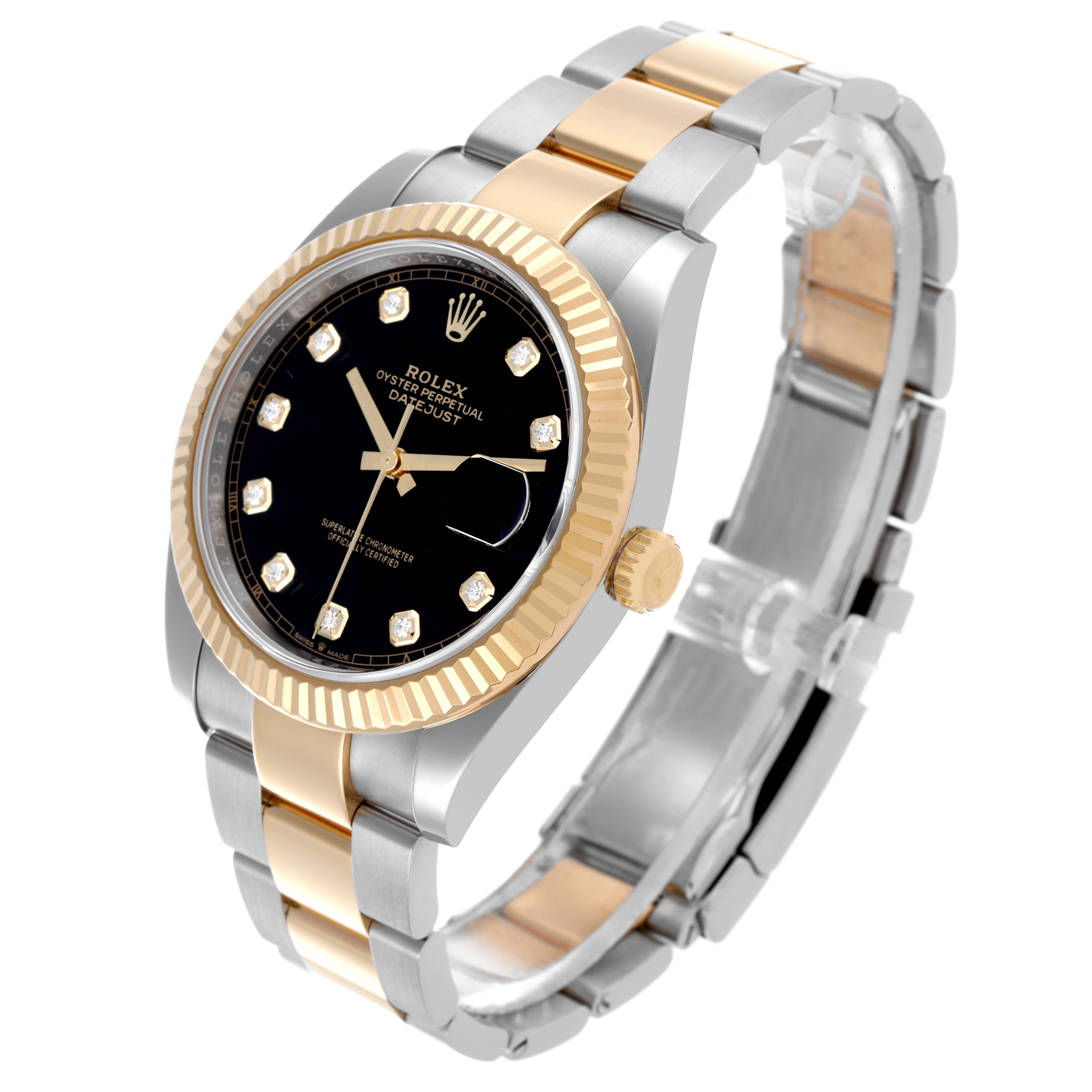 The Rolex Datejust 41 126333 Men
s Steel and Gold (two tone) Black Dial 126333 Men
s Steel and Gold (two tone) Black Dial is shown at a slight angle, highlighting its gold bezel, black dial with diamond markers, and two-tone bracelet.