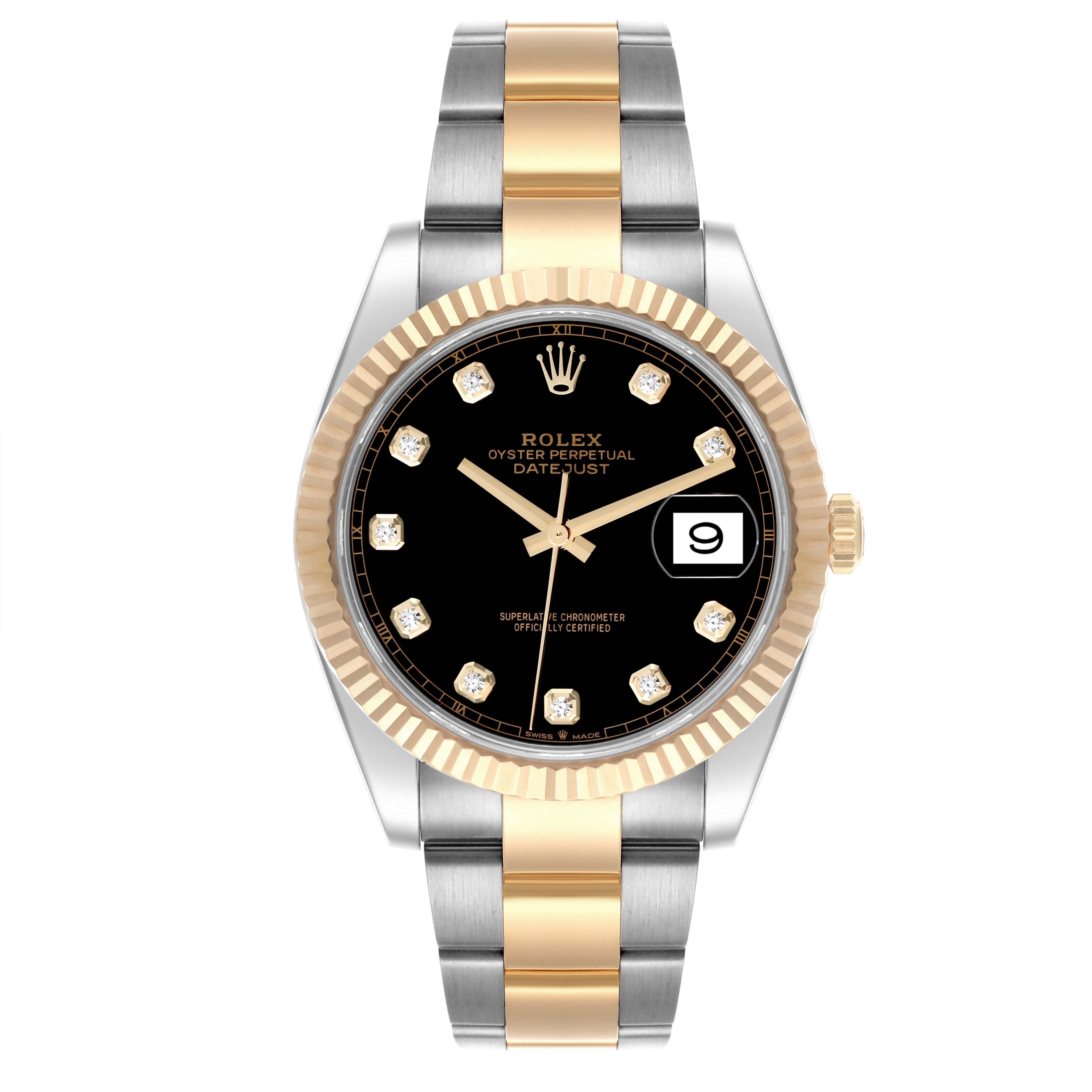 The Rolex Datejust 41 126333 Men
s Steel and Gold (two tone) Black Dial 126333 Men
s Steel and Gold (two tone) Black Dial is shown from the front, detailing its two-tone bracelet, fluted bezel, black dial, and date window.