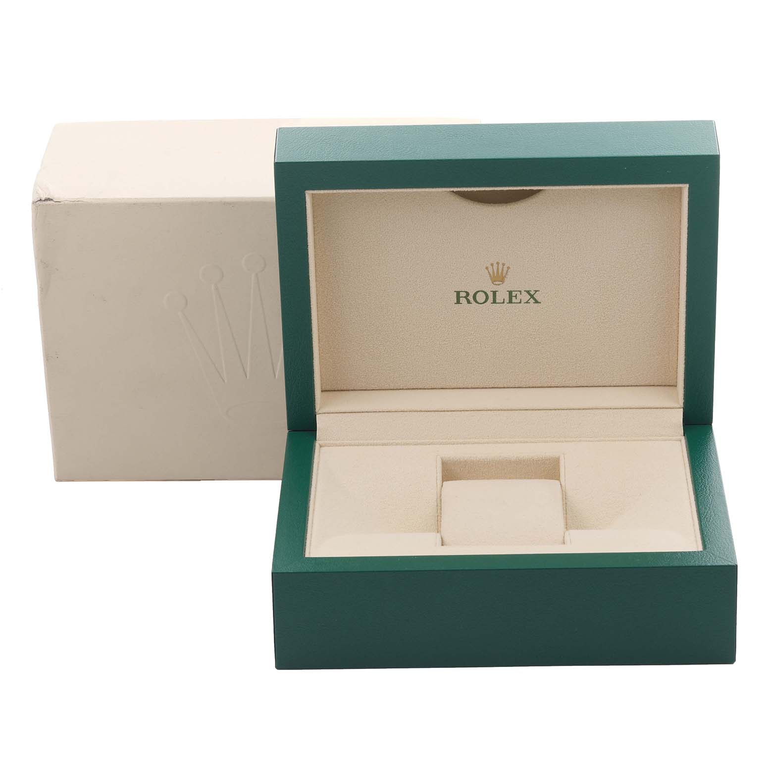 The image shows an open green box for the Rolex Datejust 41 126333 Men
s Steel and Gold (two tone) Black Dial 126333 Men
s Steel and Gold (two tone) Black Dial, revealing cushioned compartments for the watch.
