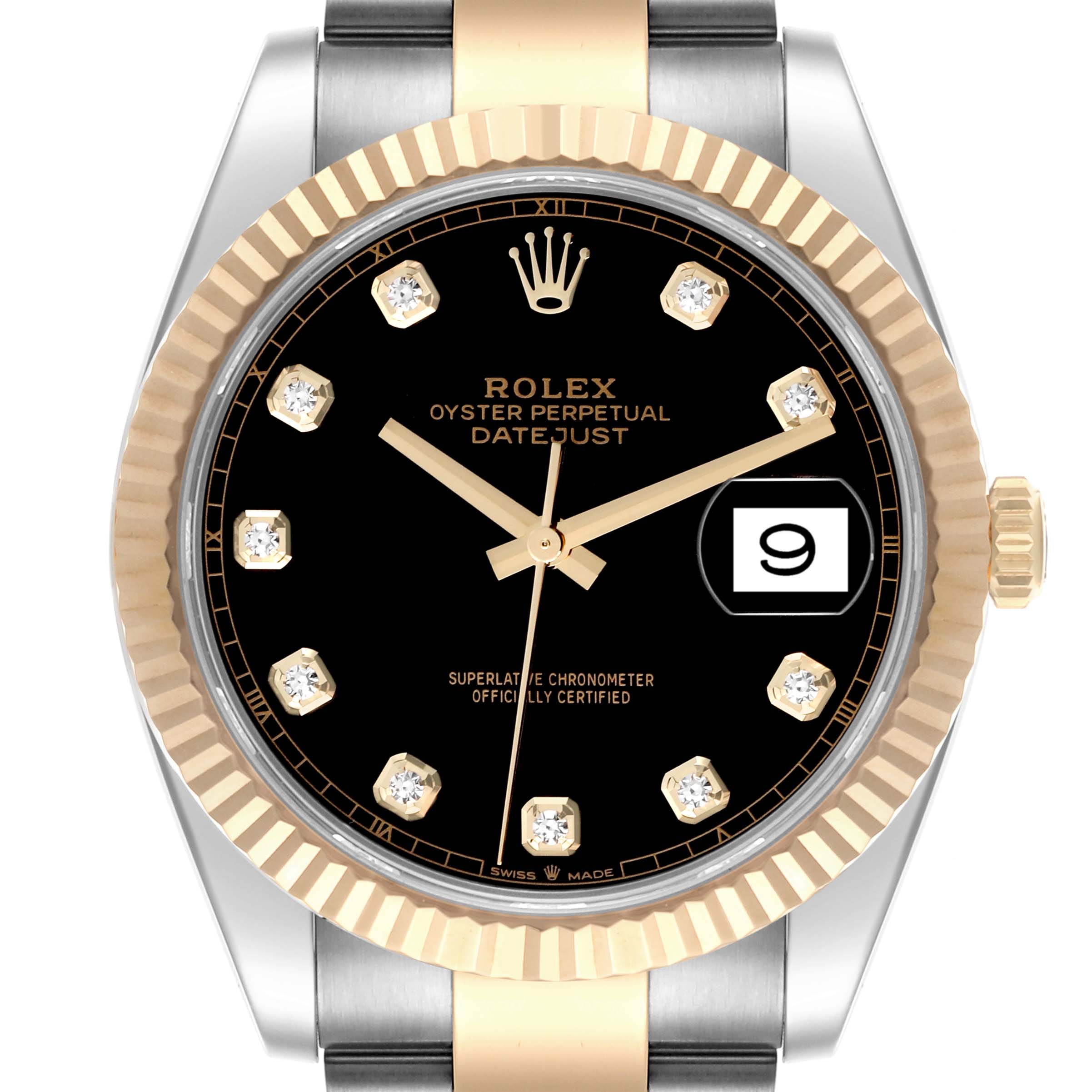 The Rolex Datejust 41 126333 Men
s Steel and Gold (two tone) Black Dial 126333 Men
s Steel and Gold (two tone) Black Dial model is shown from the front, featuring its black dial, gold markers, and fluted bezel.