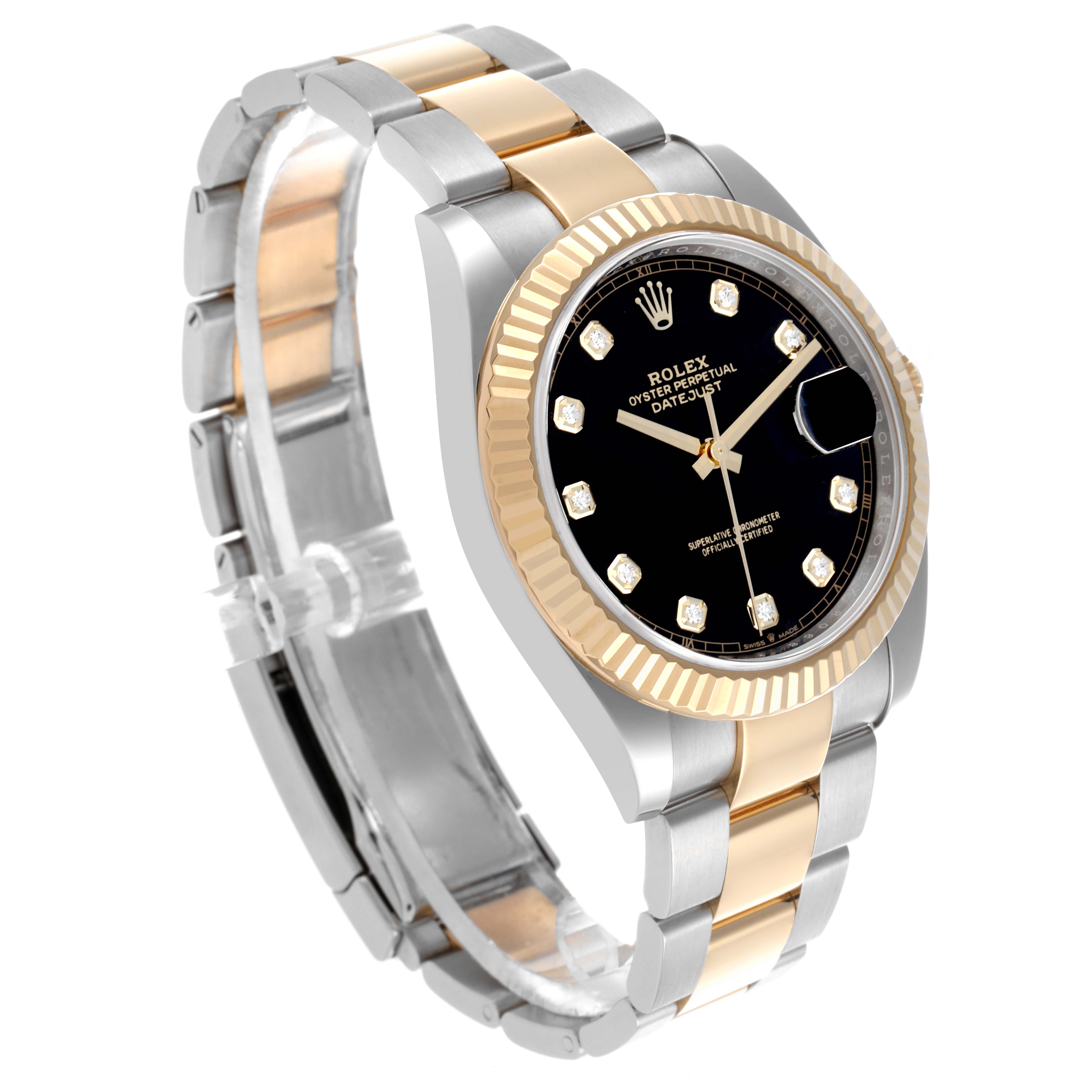 The Rolex Datejust 41 126333 Men
s Steel and Gold (two tone) Black Dial 126333 Men
s Steel and Gold (two tone) Black Dial is shown at an angle highlighting its gold and silver bracelet, black dial, and fluted bezel.