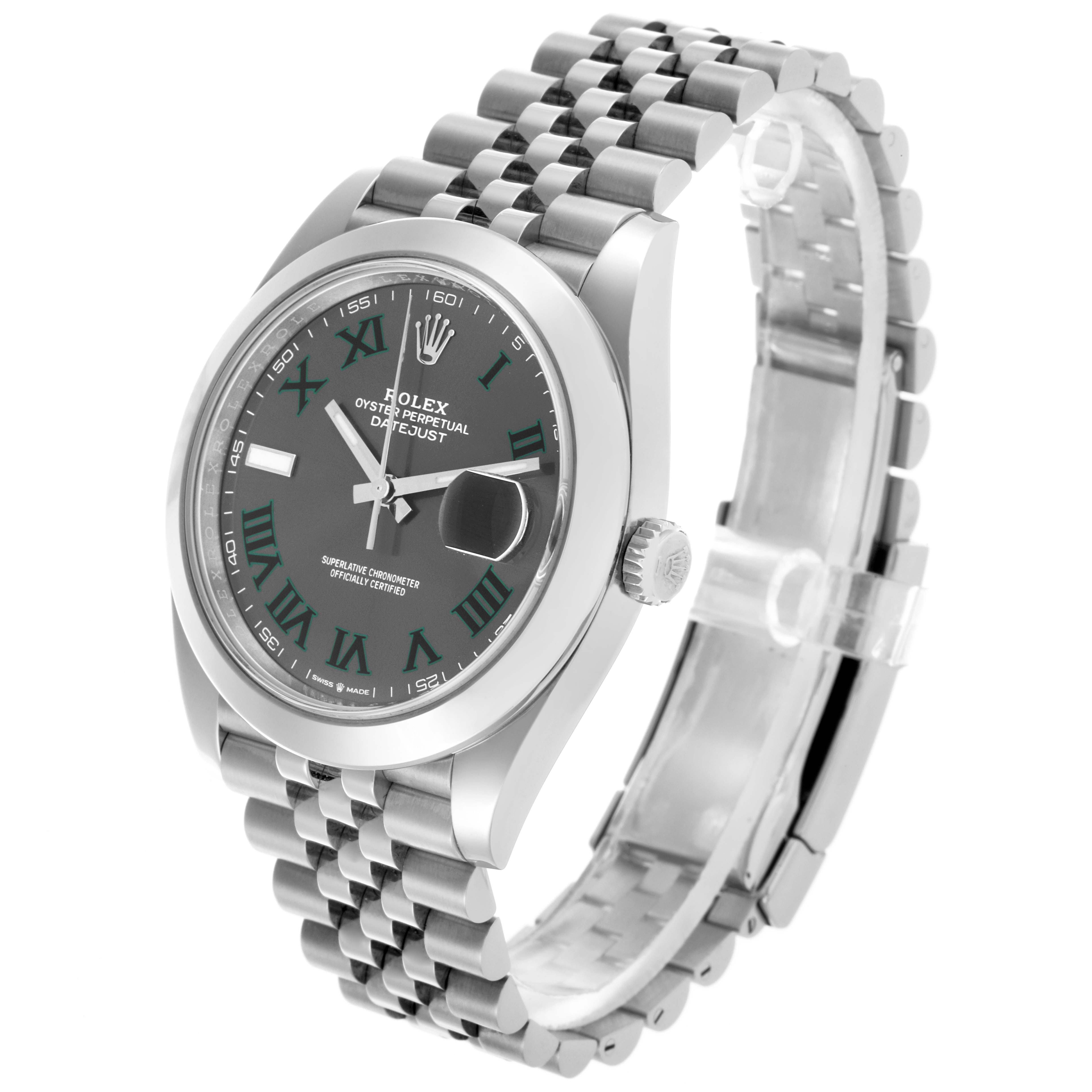The Rolex Datejust 41 67197 Men's Stainless Steel Grey Dial 67197 Men's Stainless Steel Grey Dial watch is shown at an angled view highlighting the dial, bezel, crown, and bracelet.