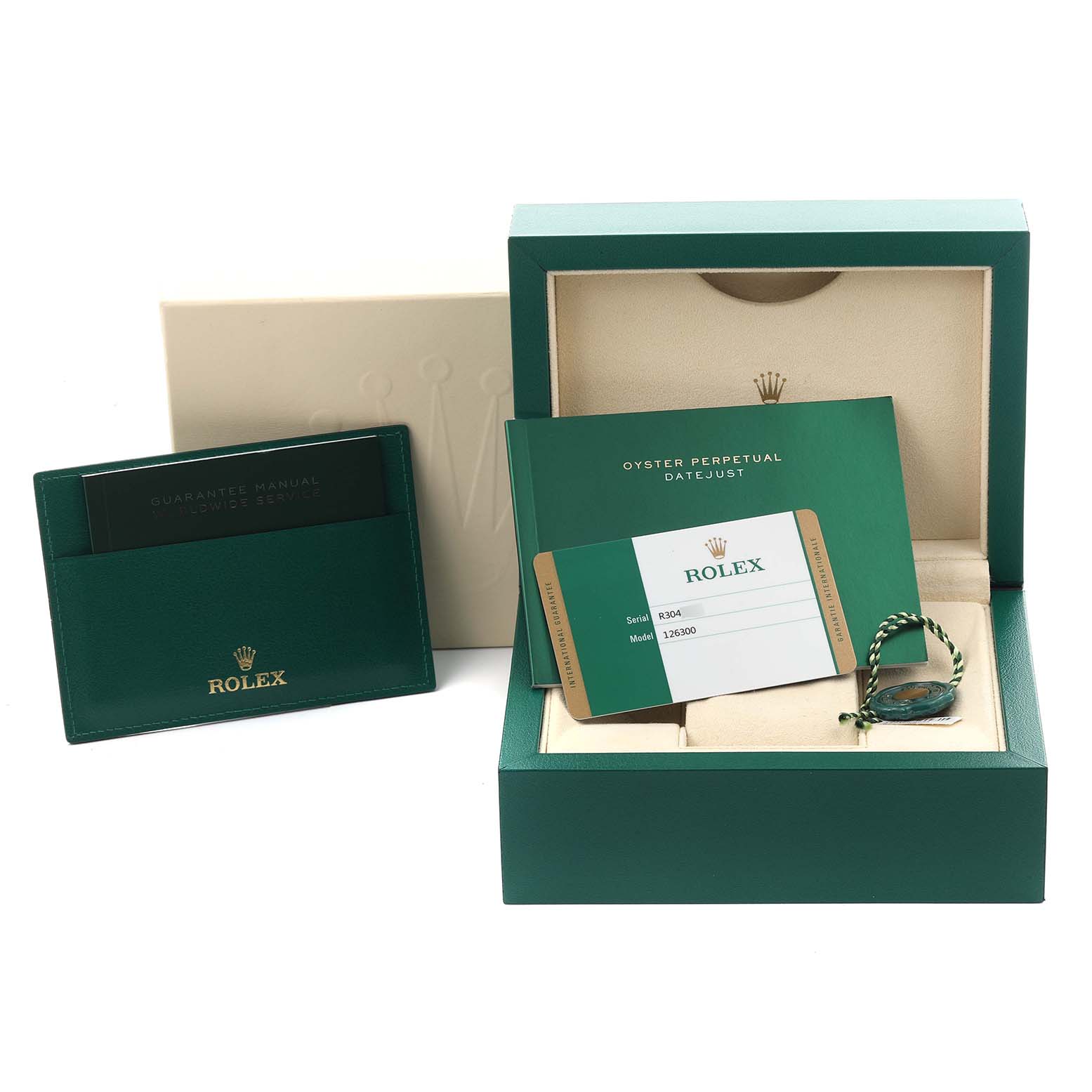 The image shows Rolex Datejust 41 67197 Men's Stainless Steel Grey Dial 67197 Men's Stainless Steel Grey Dial accessories, including the watch box, warranty card, manual, and hang tag.