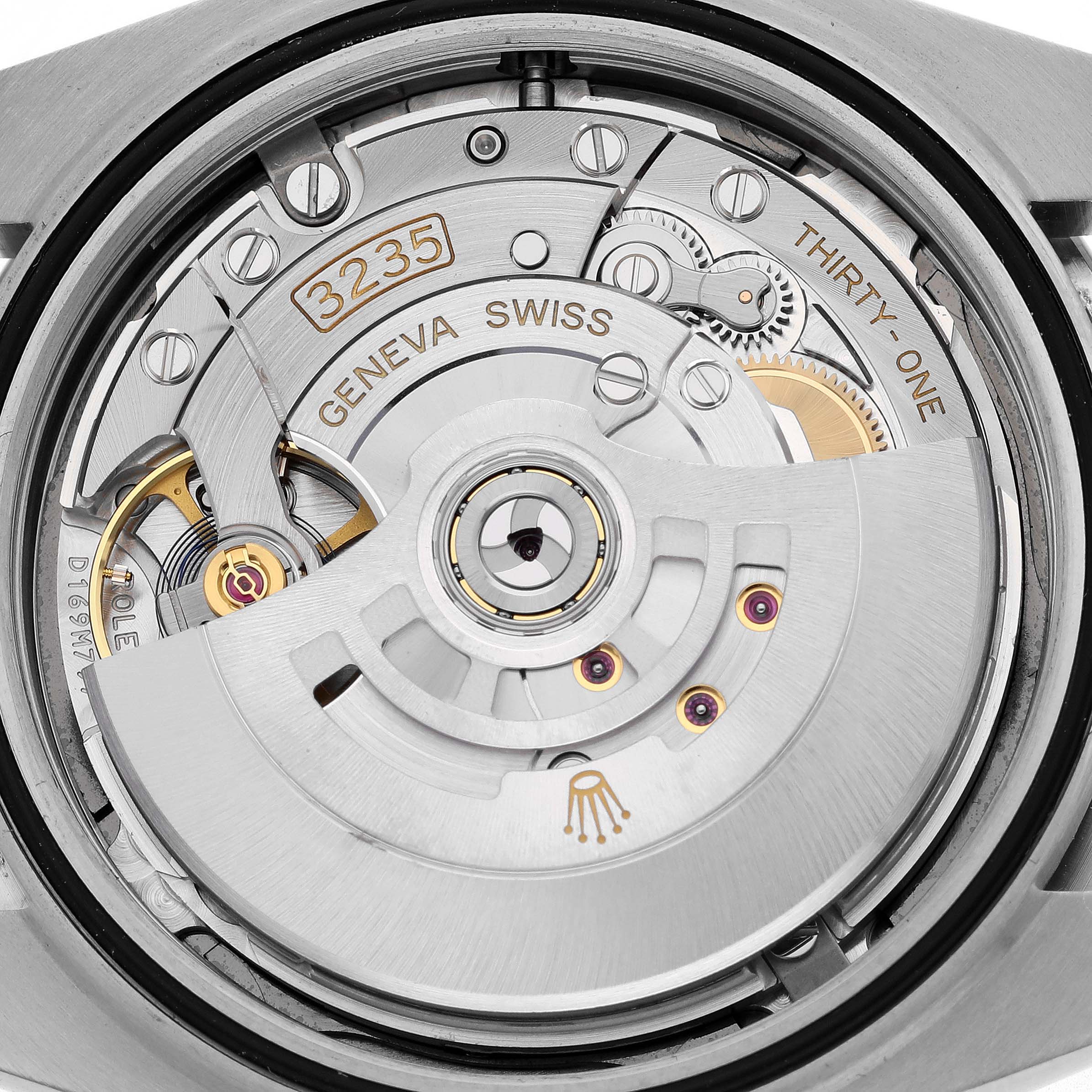 The image shows the movement mechanism of the Rolex Datejust 41 67197 Men's Stainless Steel Grey Dial 67197 Men's Stainless Steel Grey Dial, specifically the 3235 caliber parts, from the back.