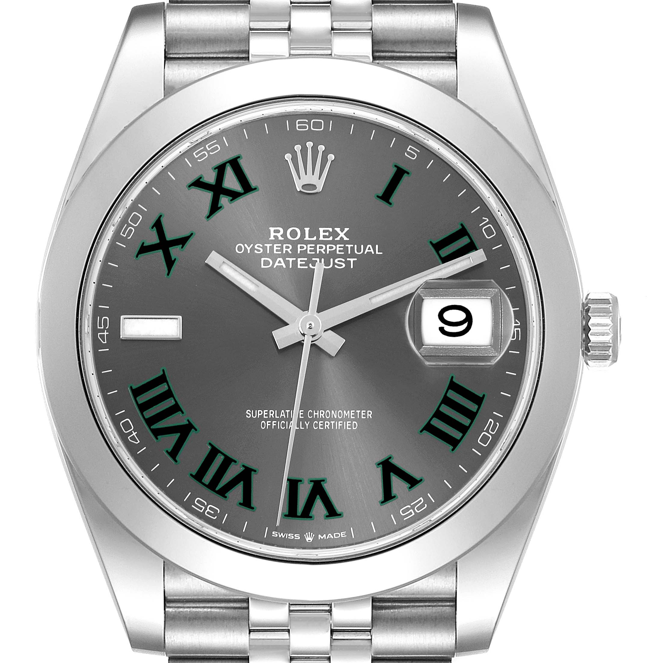 The Rolex Datejust 41 67197 Men's Stainless Steel Grey Dial 67197 Men's Stainless Steel Grey Dial watch is shown from a front angle, highlighting its dial, hands, bezel, and part of the bracelet.