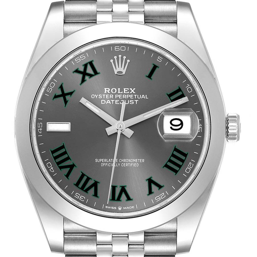 The Rolex Datejust 41 watch is shown from a front angle, highlighting its dial, hands, bezel, and part of the bracelet.