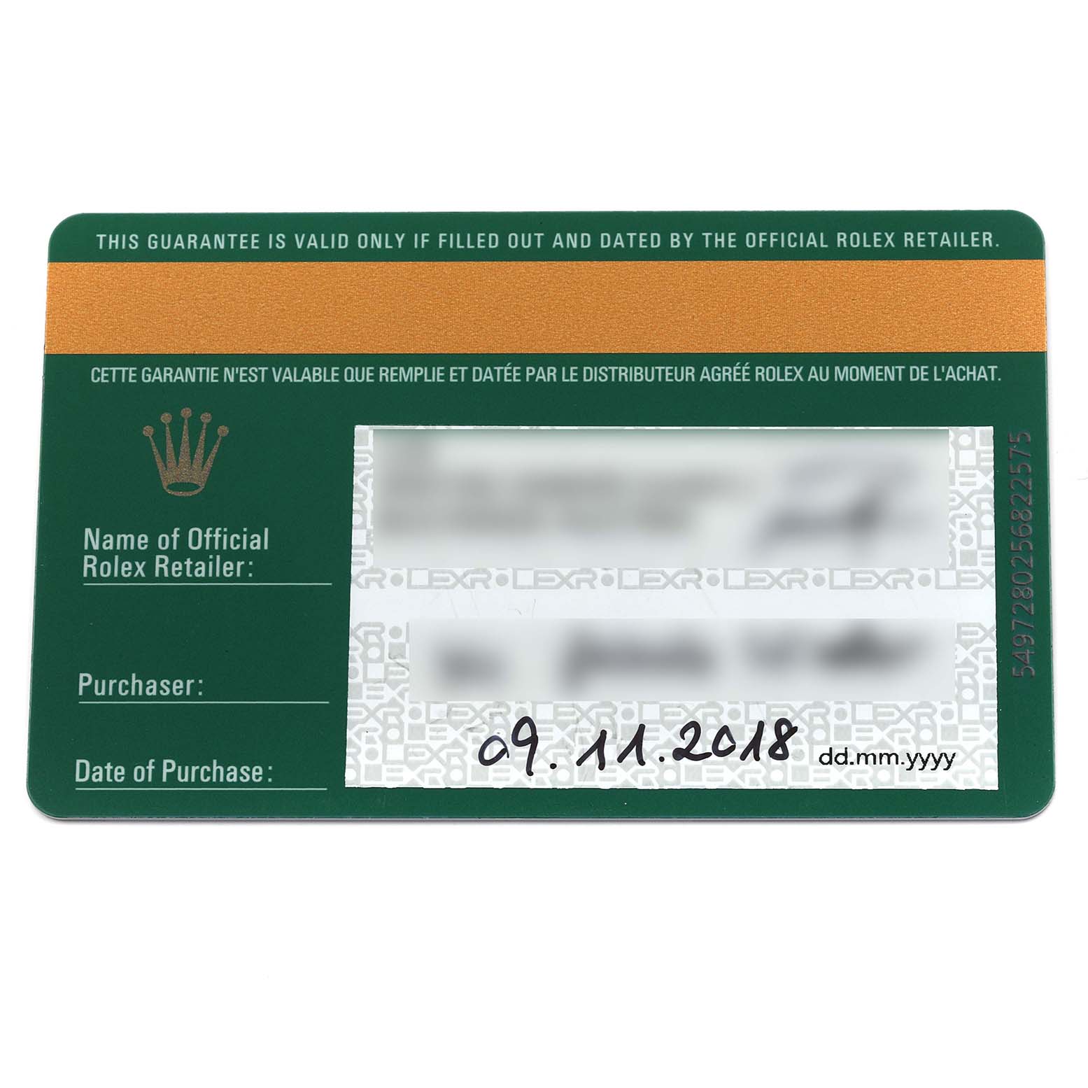 The image shows a warranty card for a Rolex Datejust 41 67197 Men's Stainless Steel Grey Dial 67197 Men's Stainless Steel Grey Dial, displaying purchase details.