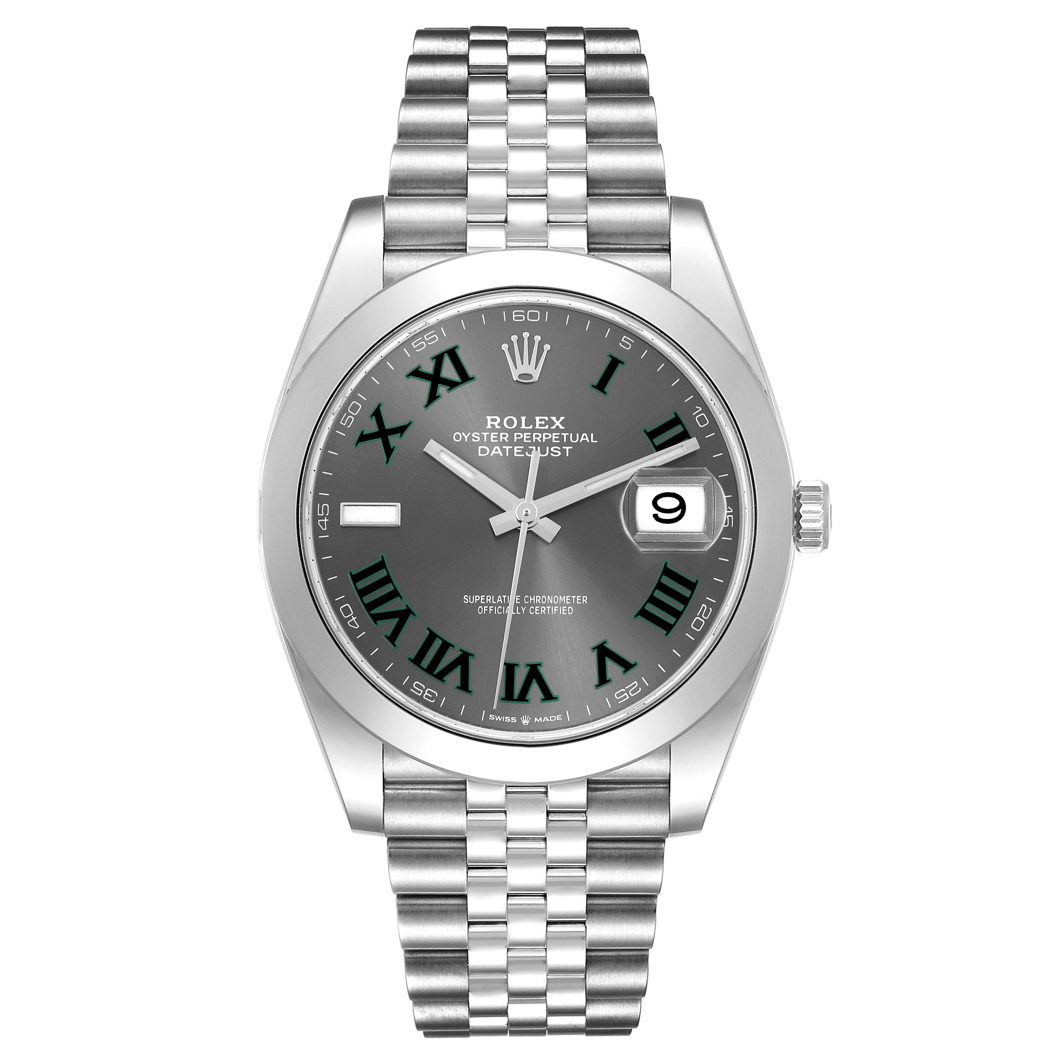 The Rolex Datejust 41 67197 Men's Stainless Steel Grey Dial 67197 Men's Stainless Steel Grey Dial is shown from the front, displaying its face, bezel, and bracelet.